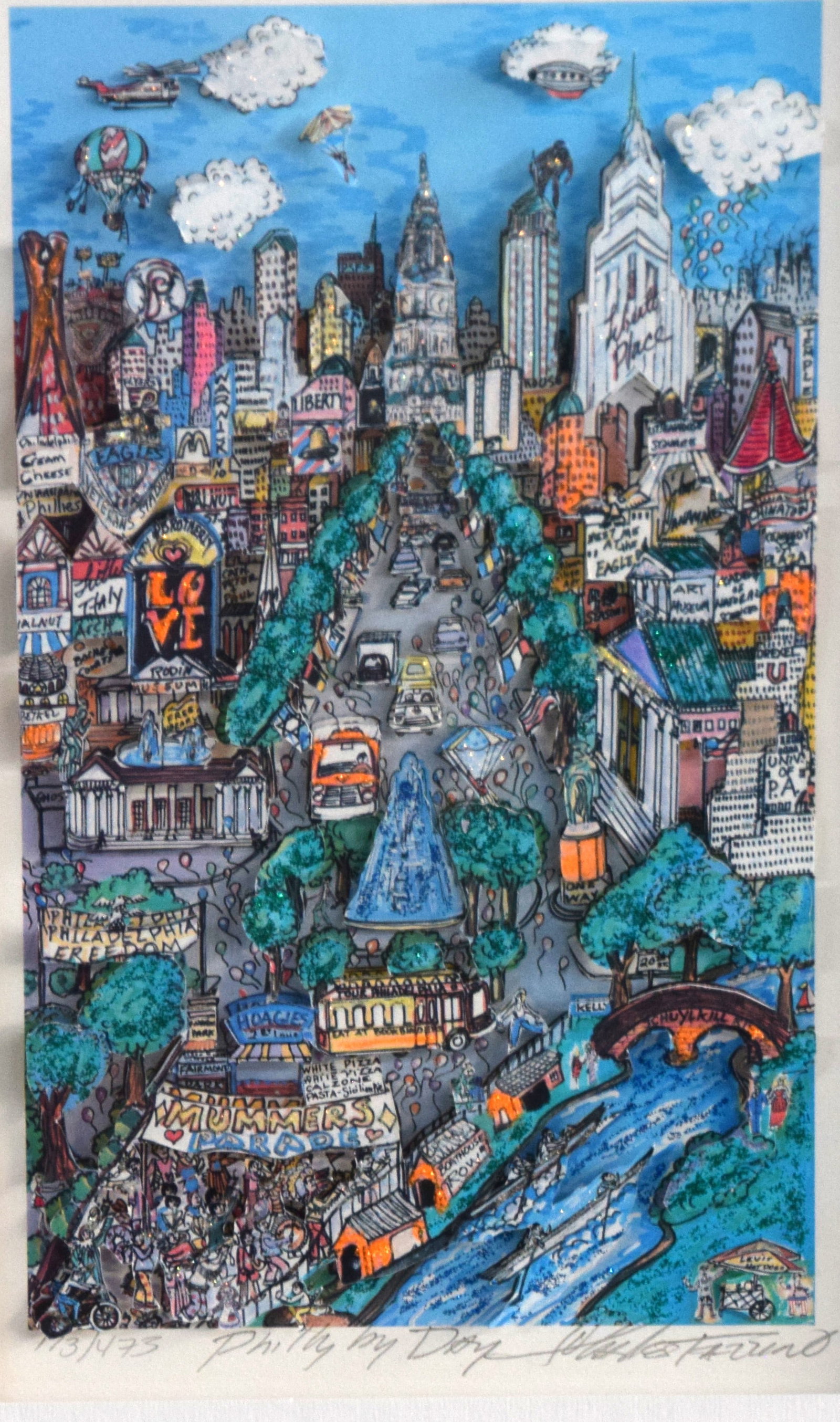 Charles Fazzino Philadelphia: Colorful, framed and signed, 3-D Serigraph titled "Philly By Day" by Charles Fazzino on museum board. Edition number 173 of 445 with Certificate of Authenticity, dated 1990. Charles Fazzino (Born 1955