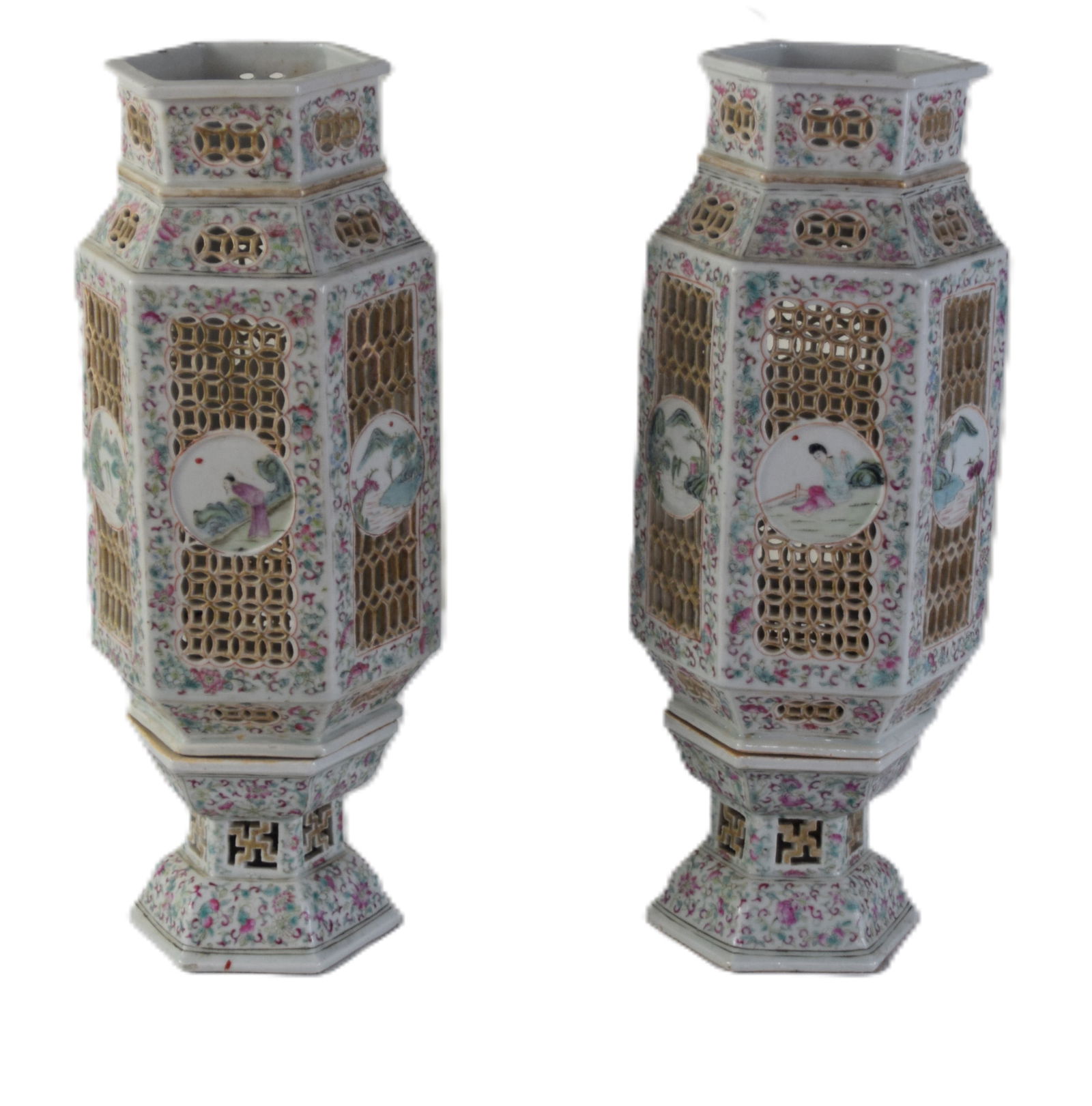 Pair Of Oriental Chinese Bridal Ceremonial Urns: Pair of Chinese oriental porcelain urns resting on a separate bases. Ceremonial bridal urn used for incense. Extremely well decorated. From the David Sargent Collection, New London, NH. Dimensions: 13