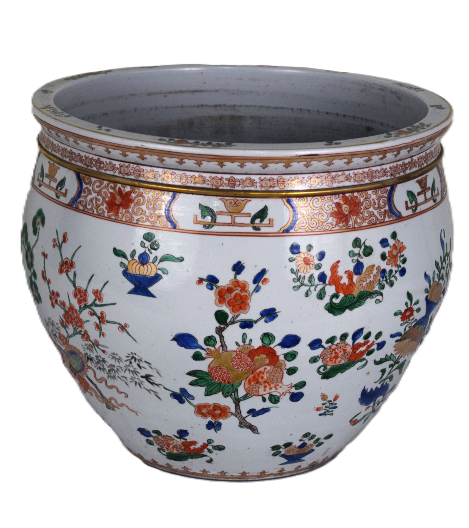 Chinese Jardinire: Chinese oriental porcelain jardinière with floral designs in a round form. From the David Sargent Collection, New London, NH. Dimensions: 13" H x 15"