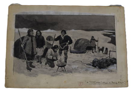 Eskimo Drawing: Ink and watercolor drawing on card stock of Eskimos titled " A Tchuktechi Village on Bearing on Straits", signed CC. Probably Charles Henry Caseall. Dimensions: 10.5" x 15"