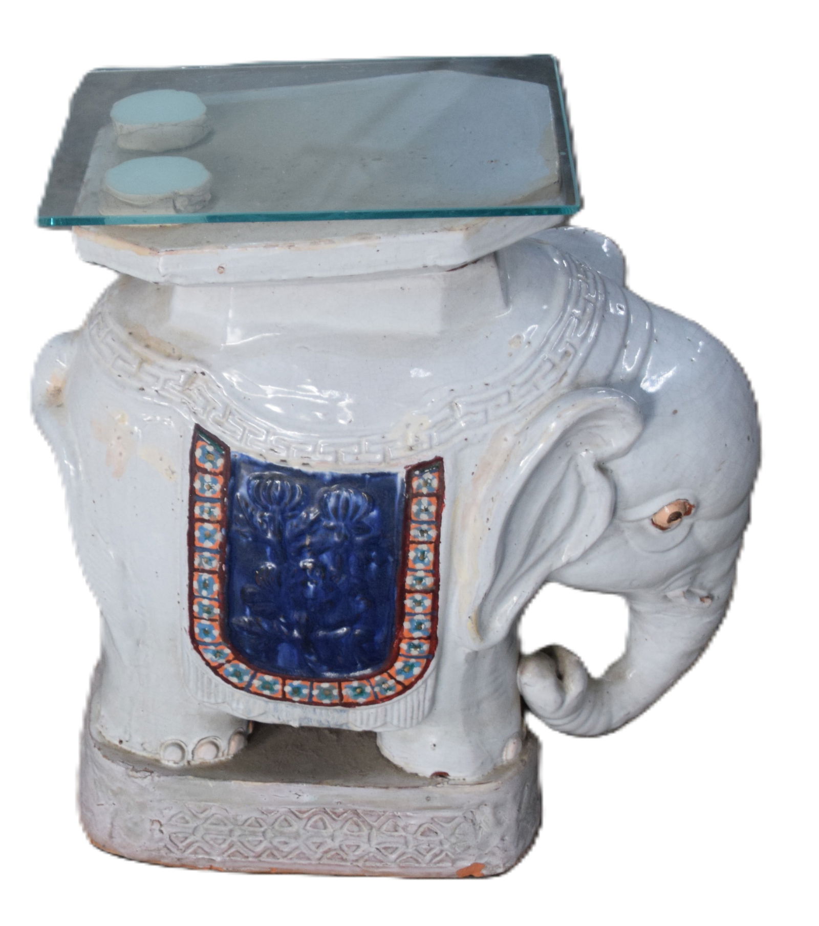 Elephant Garden Seat: Oriental porcelain elephant form garden seat with decorations. From the David Sargent Collection, New London, NH. Dimensions: 20" H x 18" L