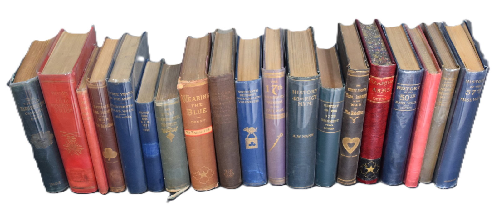 Library Of Massachusetts Civil War Regimentals: 19 Volumes of Massachusetts Civil War Regimentals including: 2nd and 5th MA Battery, 3rd Cav and the following Infantry Regimentals-1, 3, 13, 15, 17,19,23,25,27,34,37,44,48,50,52, and 57.
