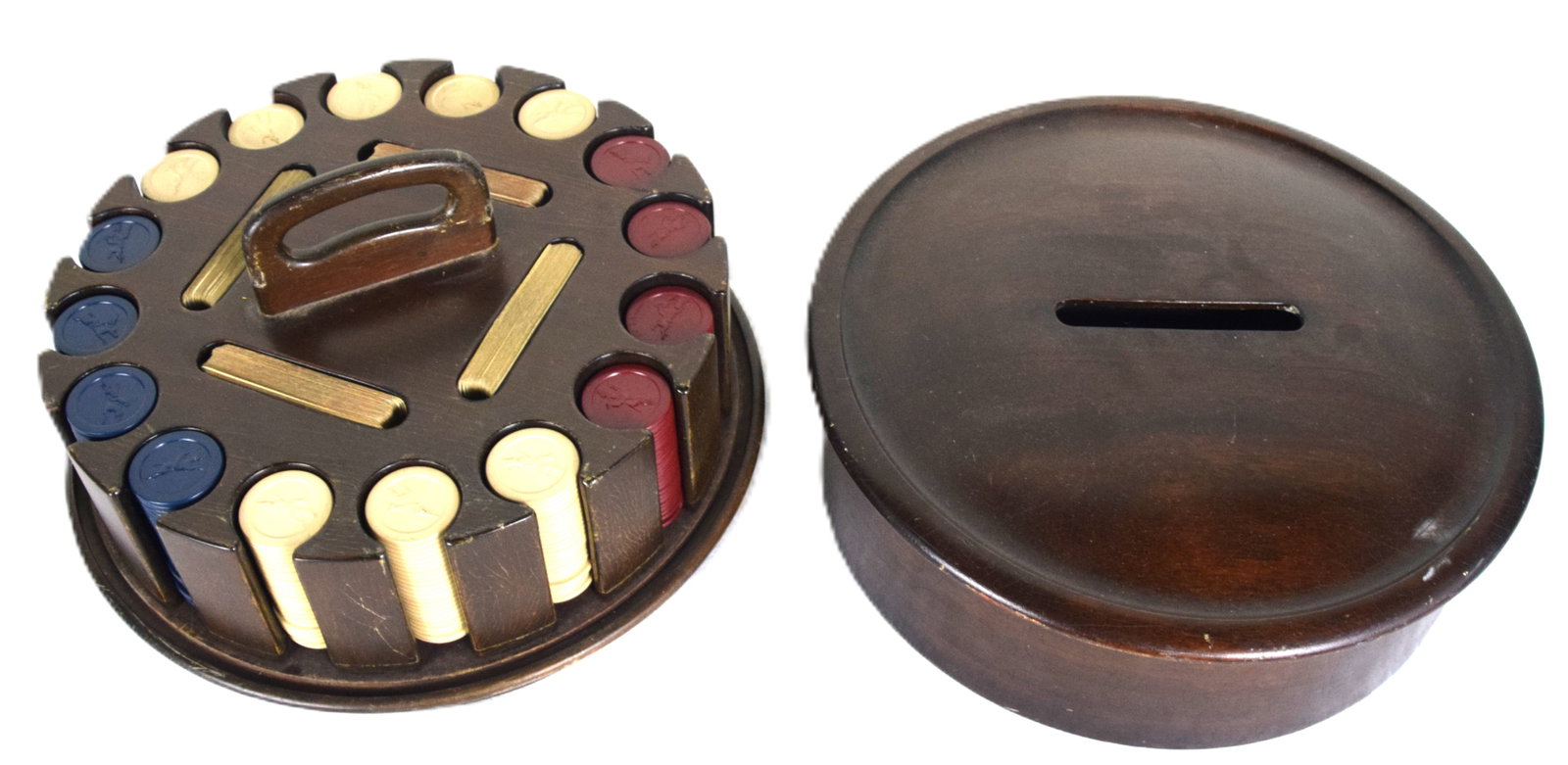 Early Poker Chip Holder: Wooden covered poker chip holder with four deck of cards and poker chips on a revolving base. Dimensions: 13.5" Dia
