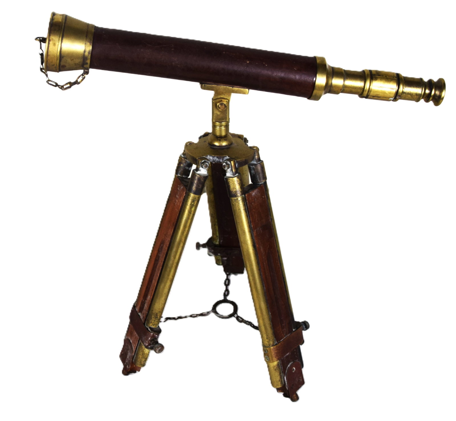 Brass Telescope: Brass telescope on a folding tripod which can be extended, leather around tube. Dimensions: 18" Overall Height, not extended, 16" L