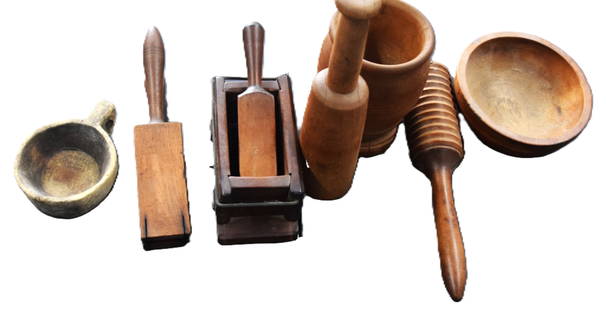Large Wooden Wear Country Lot: Large wooden wear country lot to include circular bowl/cup with handle, 6" L; wooden masher, 8" H; wooden lemon squeeze. 10.5" L; rectangular butter mold, 8" L; mortar and pestle 13" H; circular morta