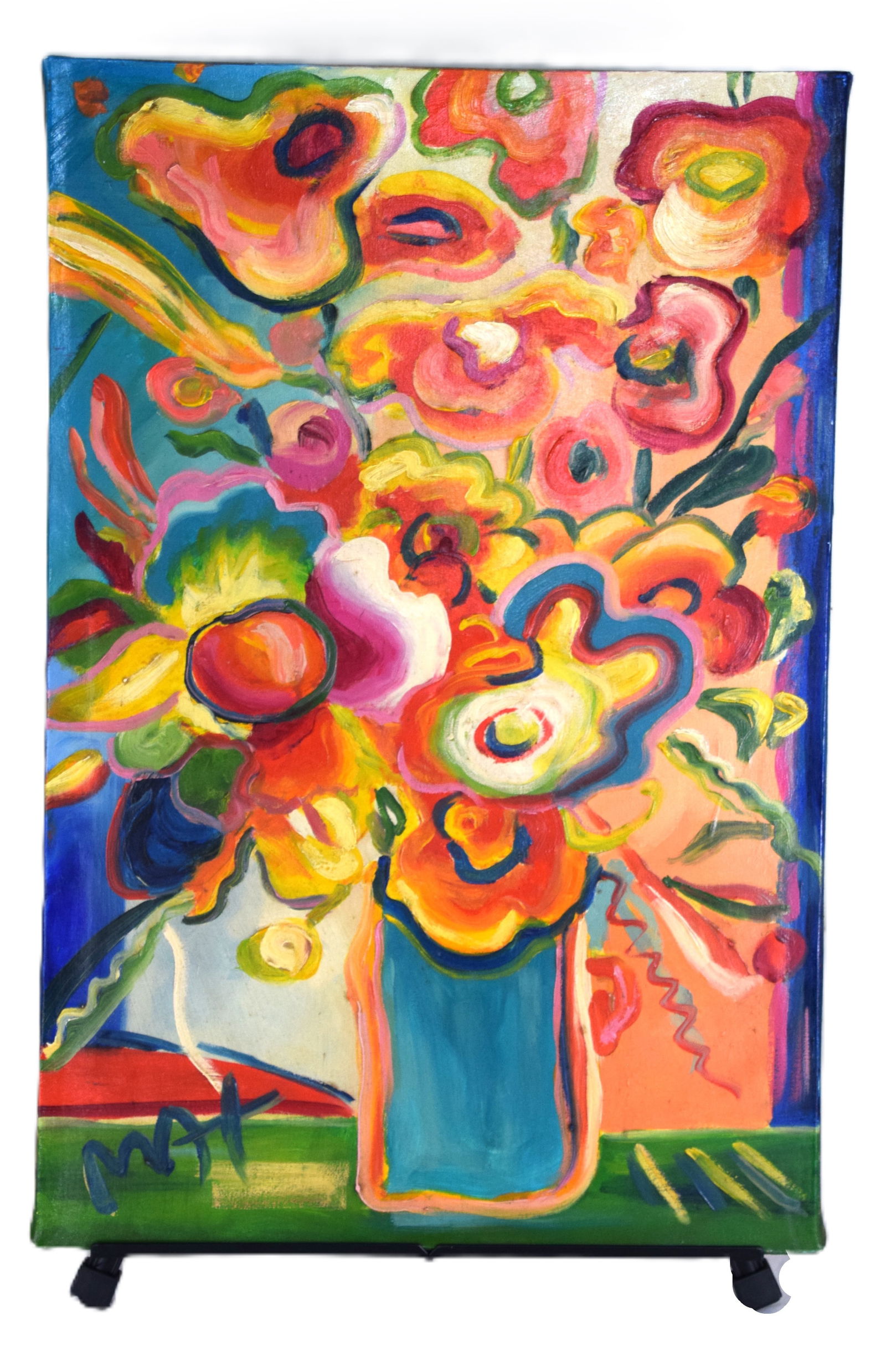 Peter Max Vase Of Flowers: An oil on canvas of a vase of flowers by Peter Max, signed lower left, with FAR Gallery label affixed to back. Peter Max (Born 1937) works in New York and Germany and is known for pop and abstract art