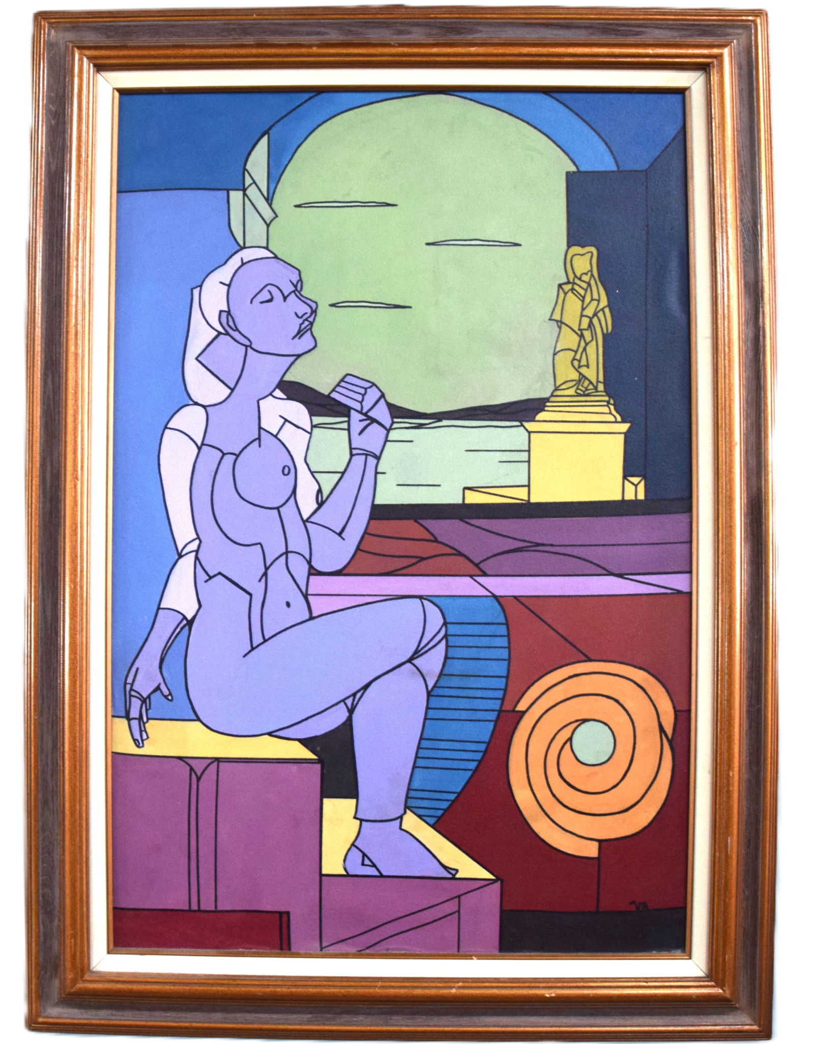 Adami Oil Painting: Framed acrylic on canvas abstract of a lady on steps, with their thick black contours and a monogrammed signature. Valerio Adami (Born 1935) works in Italy and is known for his intellectual version of