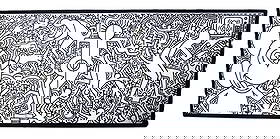 Large attributed Keith Haring Oil Painting: A large attributed/in the style of a Keith Haring oil on canvas (duplex) of action figures and Mickey with a tv in the upper right corner, signed lower left and dated 1988 with labels on reverse. Keit