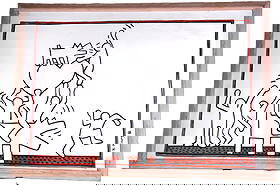 Attributed Keith Haring Oil Painting: An attributed/in the style of Keith Haring oil on canvas of action figures and two dogs, signed lower right. Keith Haring (1958 - 1990) worked in New York and Pennsylvania and is known for Pop-modern