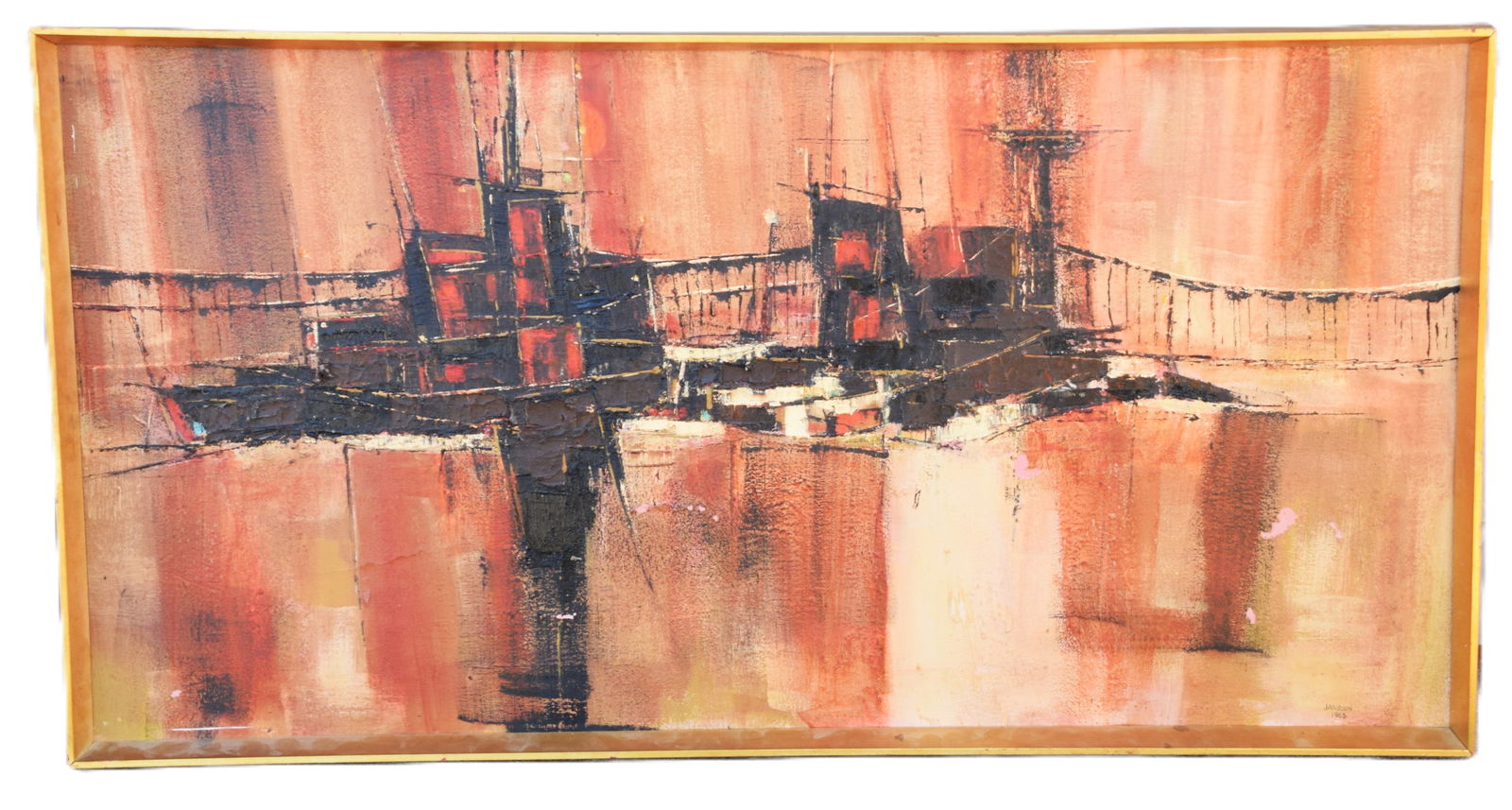 Tove Jansson Abstract Boat Scene: Framed and signed lower right, an oil painting on canvas of two boats near a bridge. Tove Marinka Jansson (1914 - 2001) worked in Finland and is known for abstract painting, drawings and illustrations