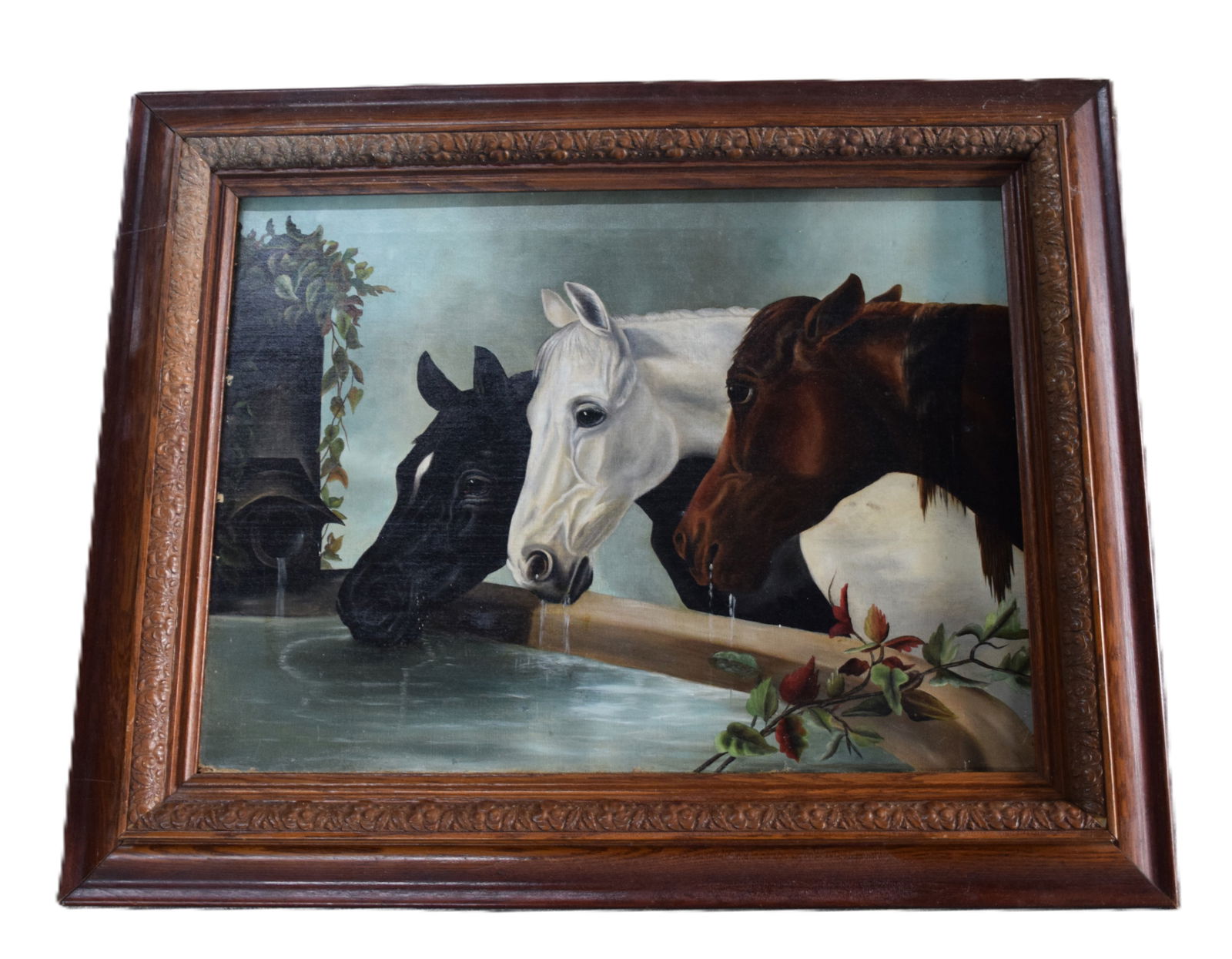 English Oil Painting Of Horses: Framed English oil on canvas painting of three horses watering at a trough. It is done in the manner of George Stubbs probably by a student, 19th Century. Dimensions: 20.5" x 27" Image size