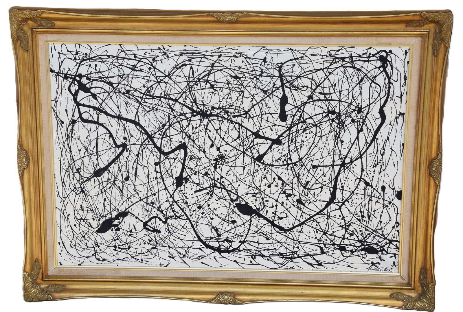 Jackson Pollok Style Abstract: Framed and attributed/in the style of Jackson Pollack abstract drip art, black enamel on canvas. Jackson Pollock (1912 - 1956) worked in New York and Wyoming and is known for Gestural painting, abstra
