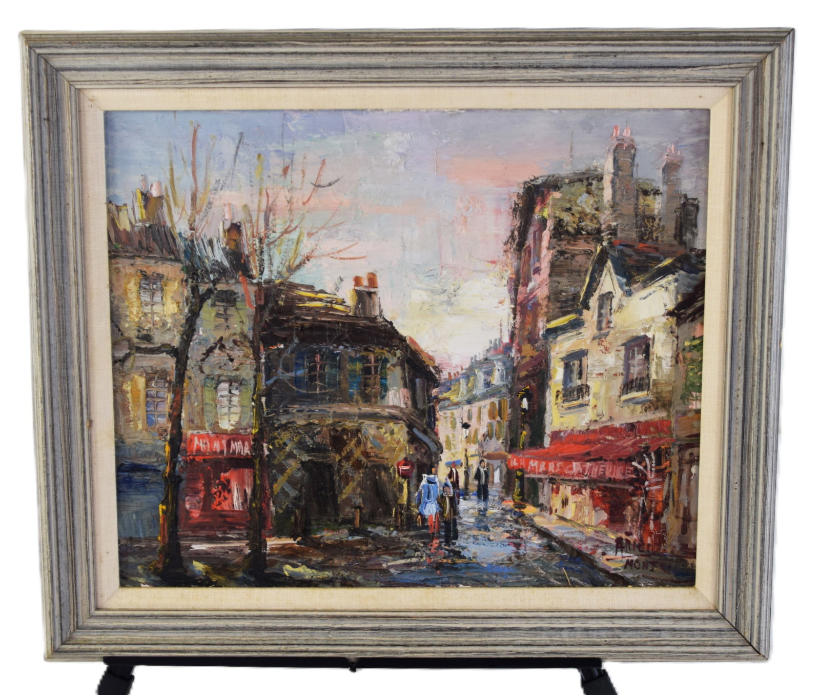 Impressionist Paris Scene Oil Painting: Framed and signed impressionist oil on canvas painting of a Paris street scene. Signed lower right. Dimensions: 13" 15.5" Image size