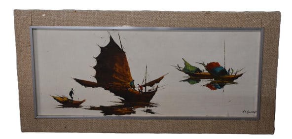 Asian Sailboat/Fishing Vessels Oil Painting
