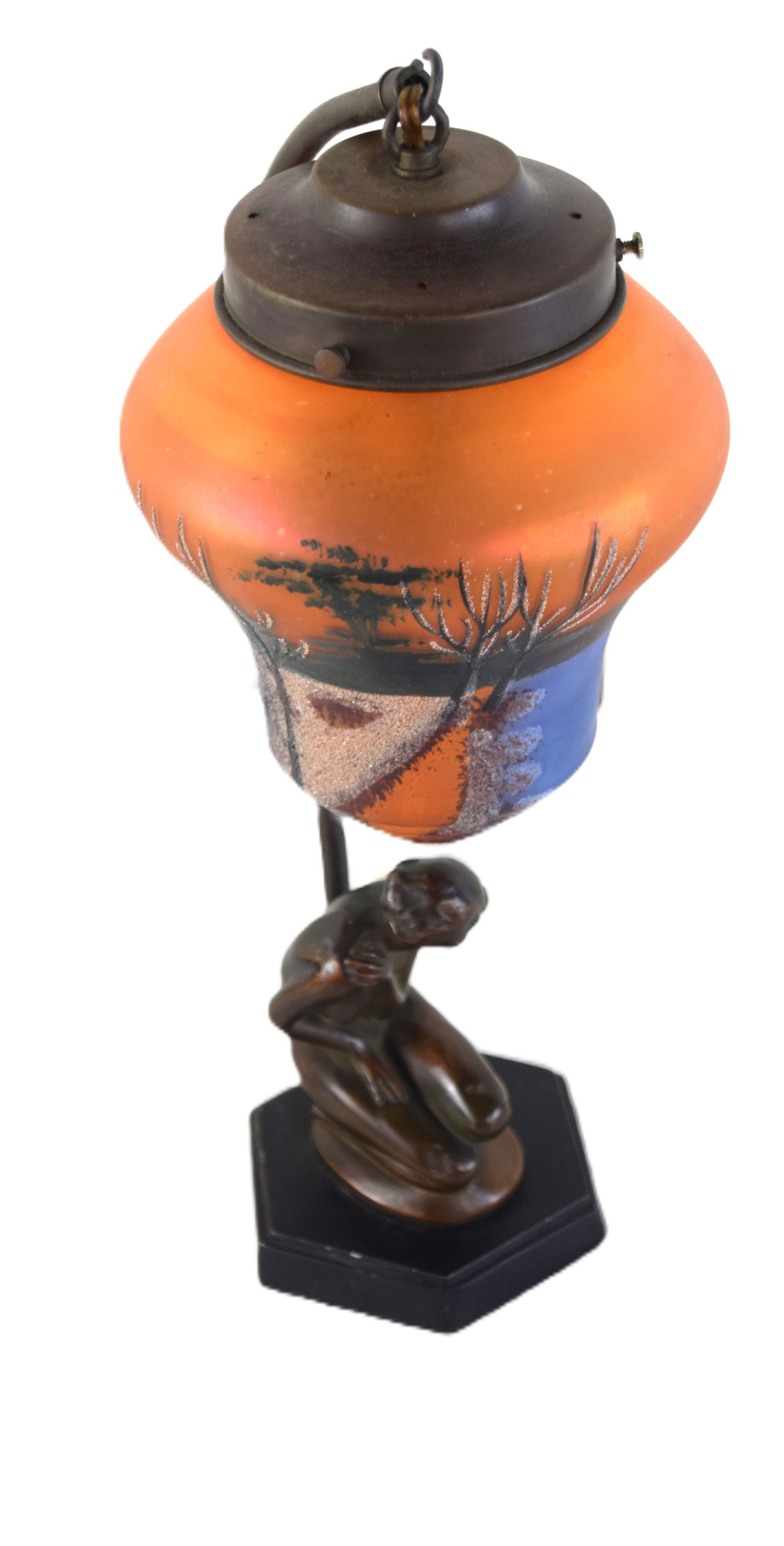 Figural Table Lamp: "New Art" figural table lamp of a reclining nude girl in bronze, reverse painted lamp shade- classic Frankhart nude/nymphs. Dimensions: 16" H