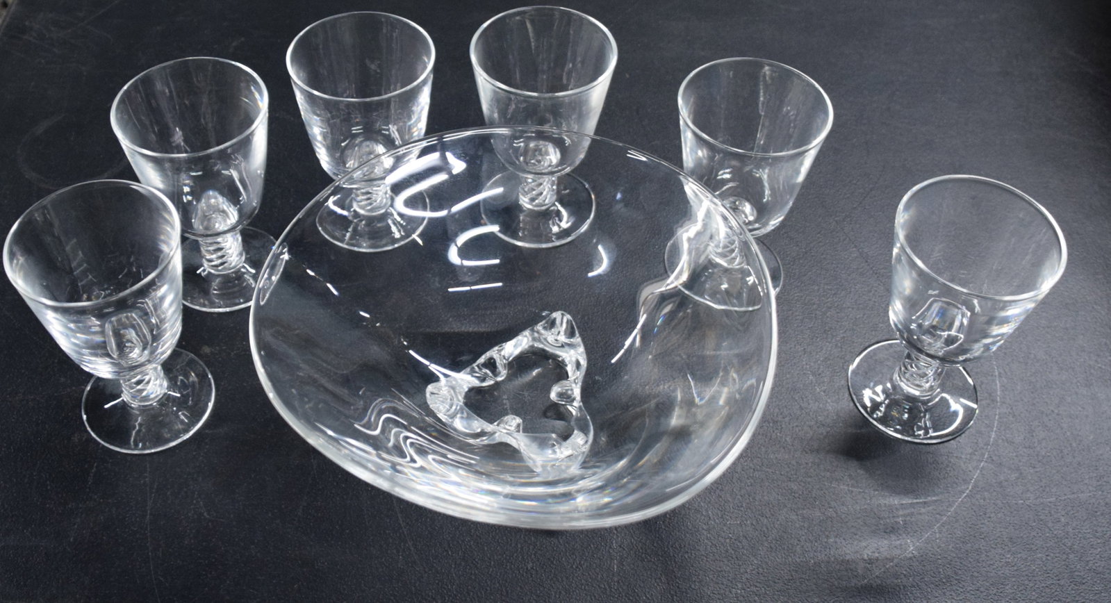 Stueben Bowl With Stem Glasses: Stueben collection of a footed bowl (10" Diameter) and six stem glasses (5 1'4" H)