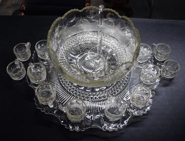 Pattern Glass Punch Bowl With Glasses