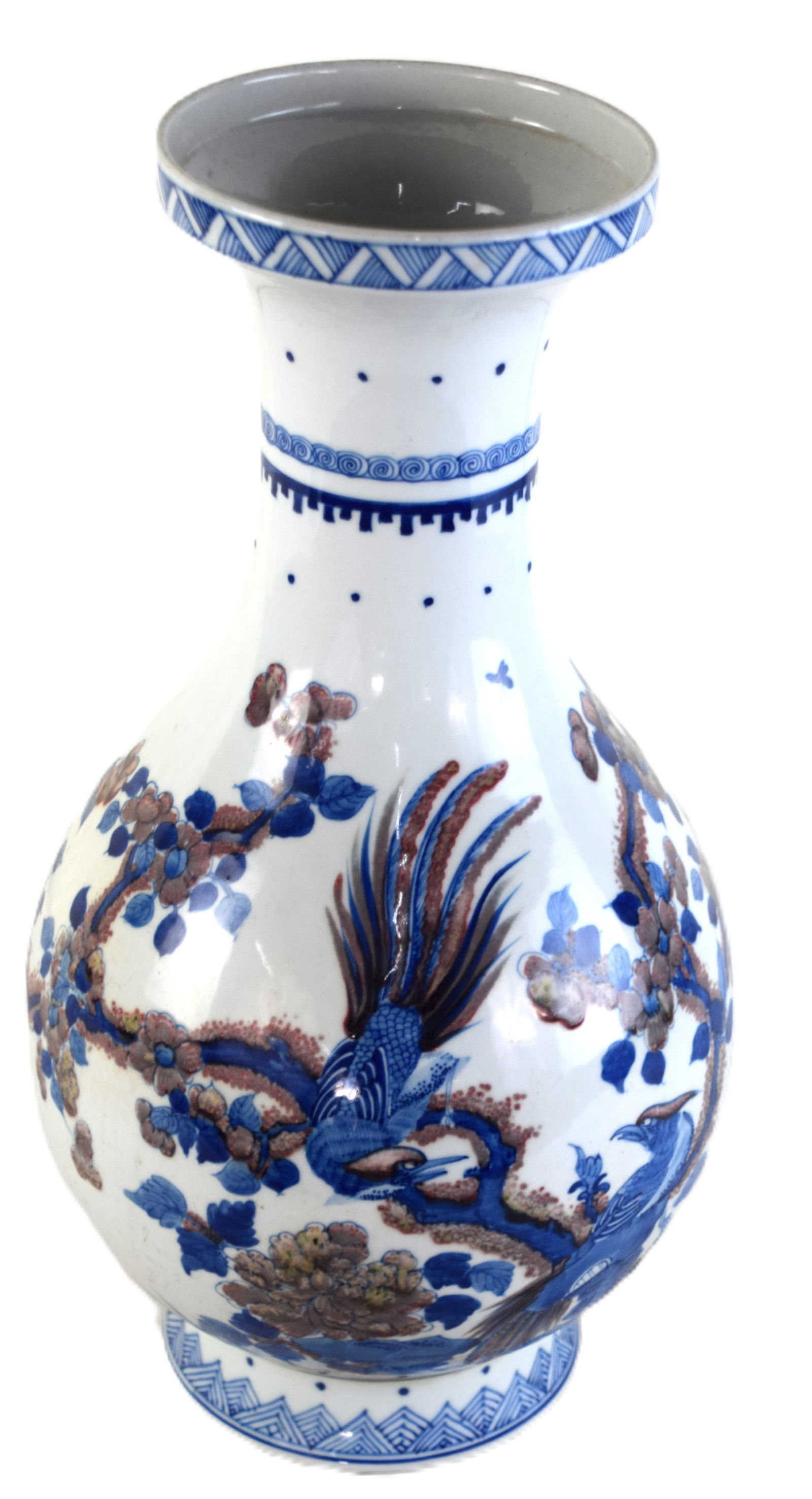 Chinese Bird Vase: Chinese blue and white bird vase, Qing Dynasty, blue and white glaze with 4 character reign marks on bottom. Dimensions: 17" H