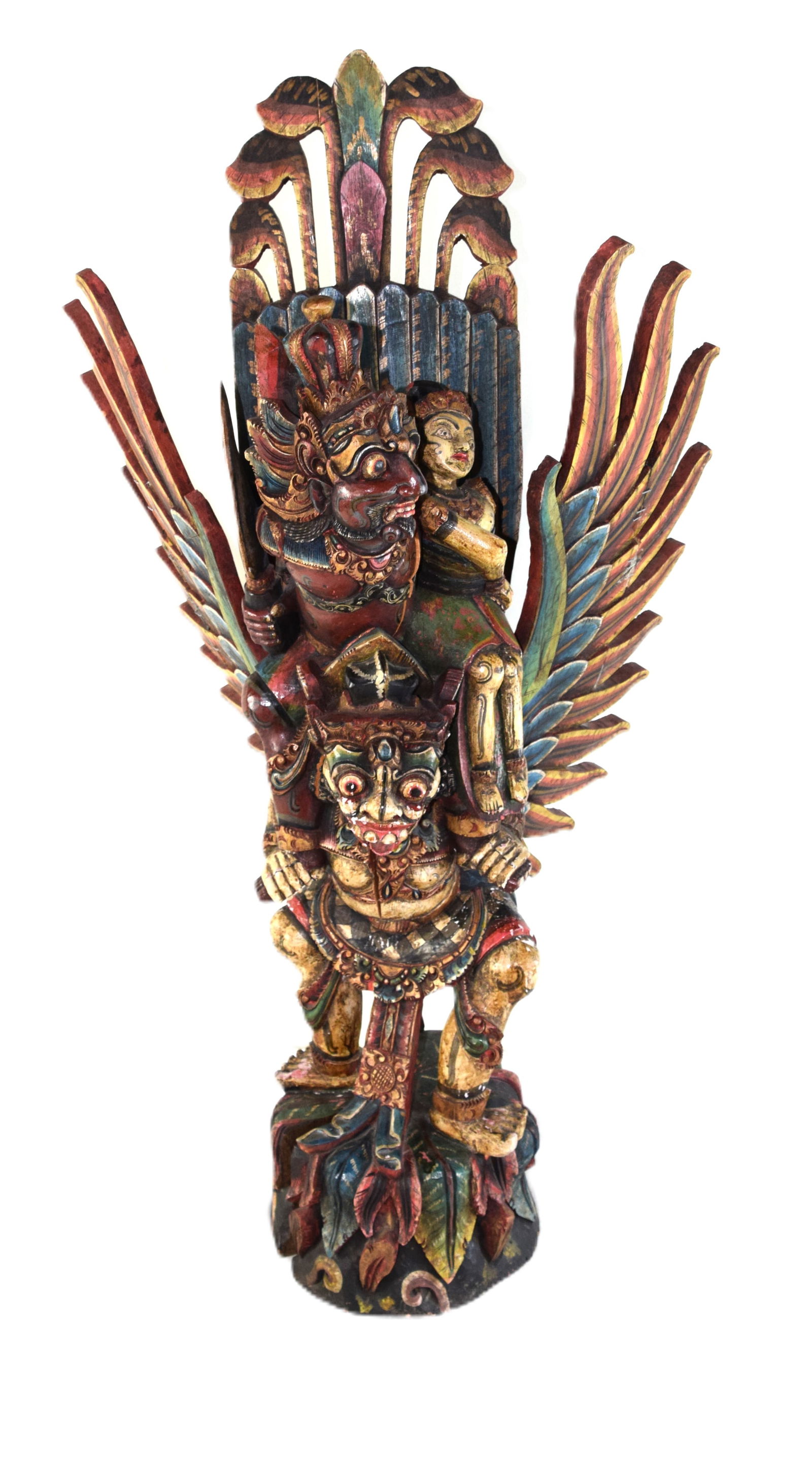 Balinese Garuda Vishnu Deity Sculpture: A fabulous well carved wooden Balinese Garuda Vishnu Deity winged sculpture with great and intricate painted carvings. Dimensions: 40" H x 19" W x 11" D