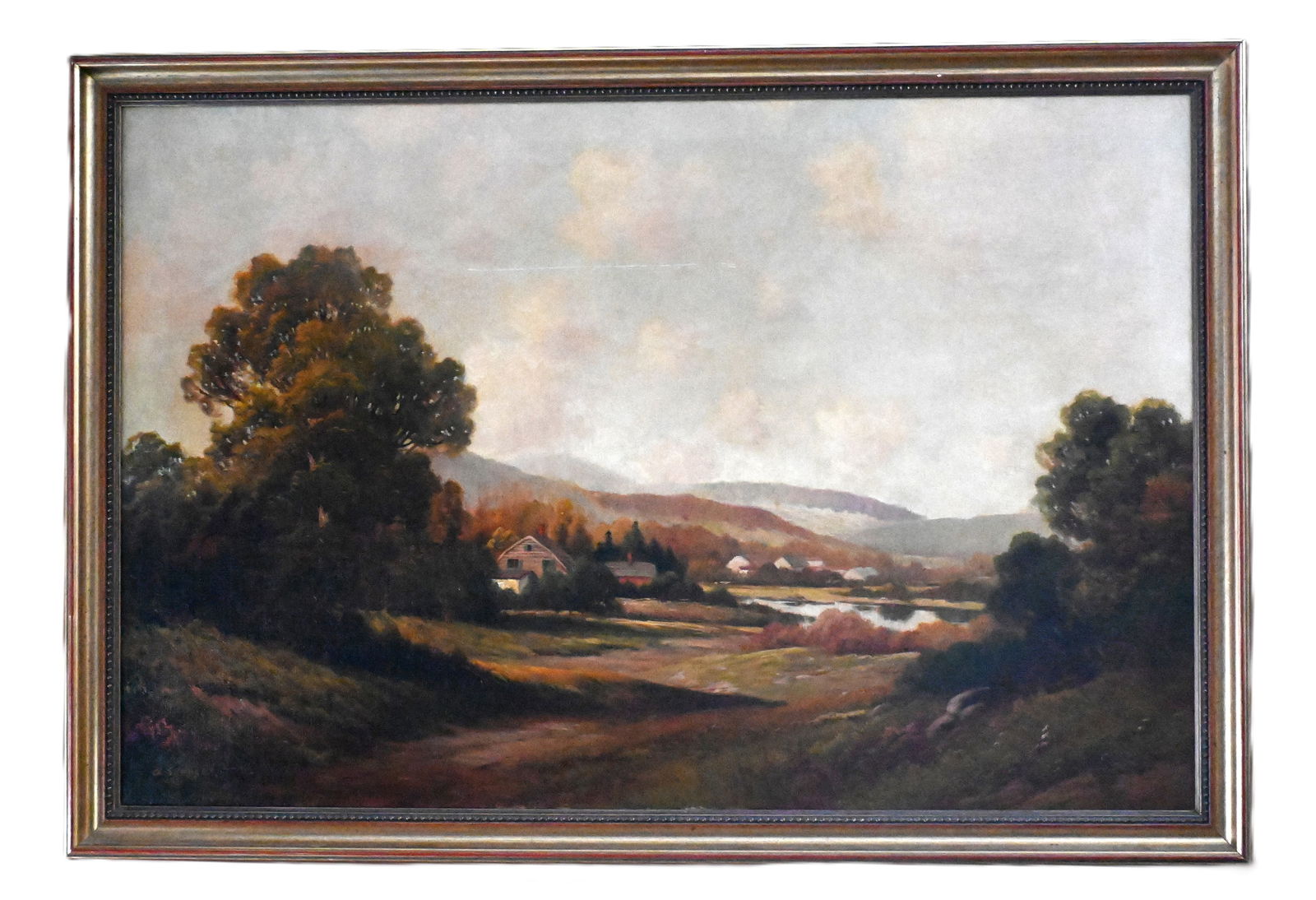 A. Spenser Oil Painting: Framed oil on canvas painting of a New England rural scene with village, lake and trees. Signed Lower Left A. Spenser. Augustus Spencer (1860 - 1924) worked in England and is known for Rural New