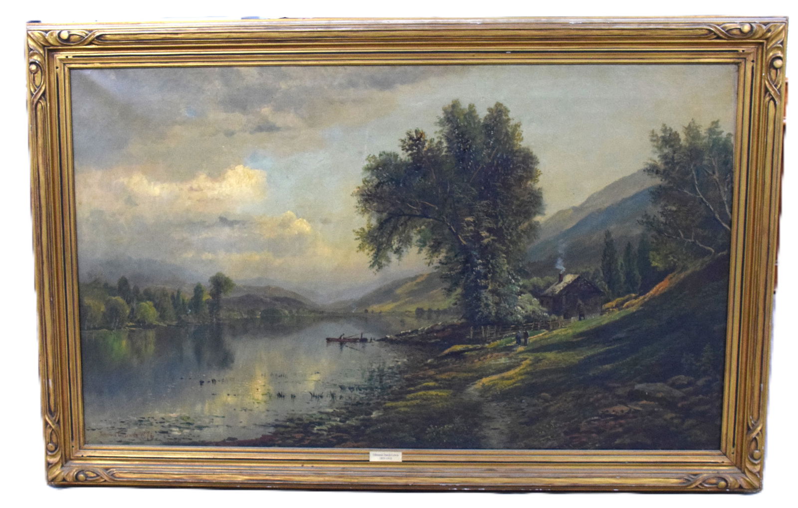 Edmund Darch Lewis Hudson River Painting: Framed oil on canvas Hudson River scene signed lower left by Edmund Darch Lewis depicting a mountain range, cottage home and boat/ferry departing on the river. Edmund Darch Lewis was one of the most