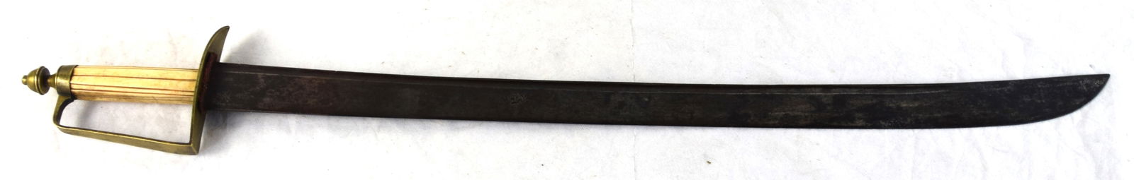 English Hanger Circa 1780: English hanger circa 1780 with fluted bone grip, brass pommel and brass stirrup guard with single fuller. Blade is marked GR with crown on both sides. Dimensions: 27" Blade, 32.5" Overall