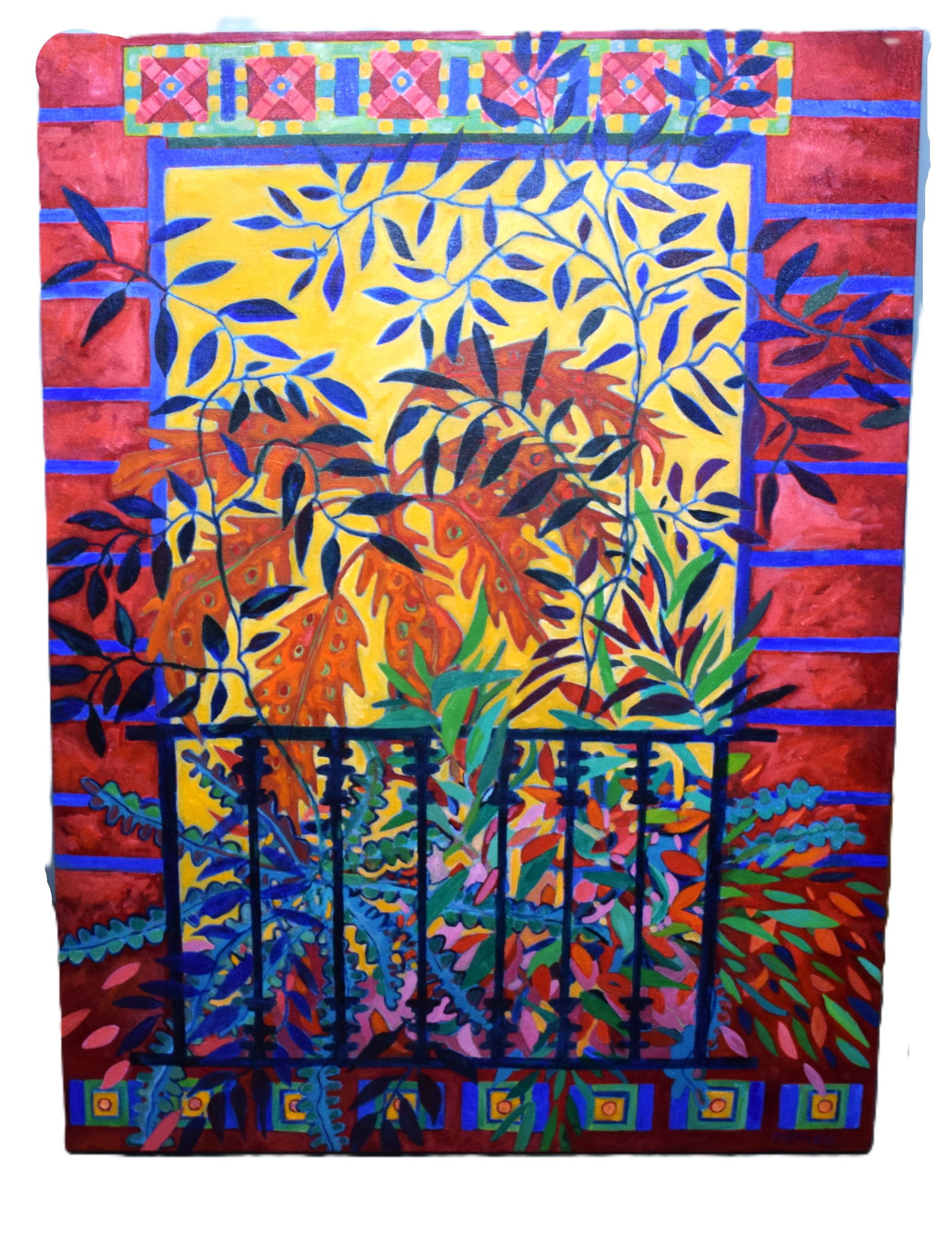 Tarbell Oil on Canvas: Unframed oil on canvas of a Spanish balcony signed lower right, Pam Tarbell and titled "What is on your balcony #3". Pam Tarbell is a listed artist from Concord NH who has exhibited in New England