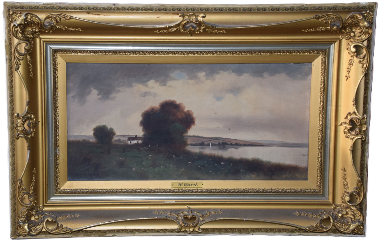 W. Ward Landscape/Seascape: Framed oil on canvas landscape/seascape of Autum trees, home and sea signed W. Ward. William Ward (1878-1935) was a Canadian artist known for seascapes. Dimensions: 11" x 234.5" Image