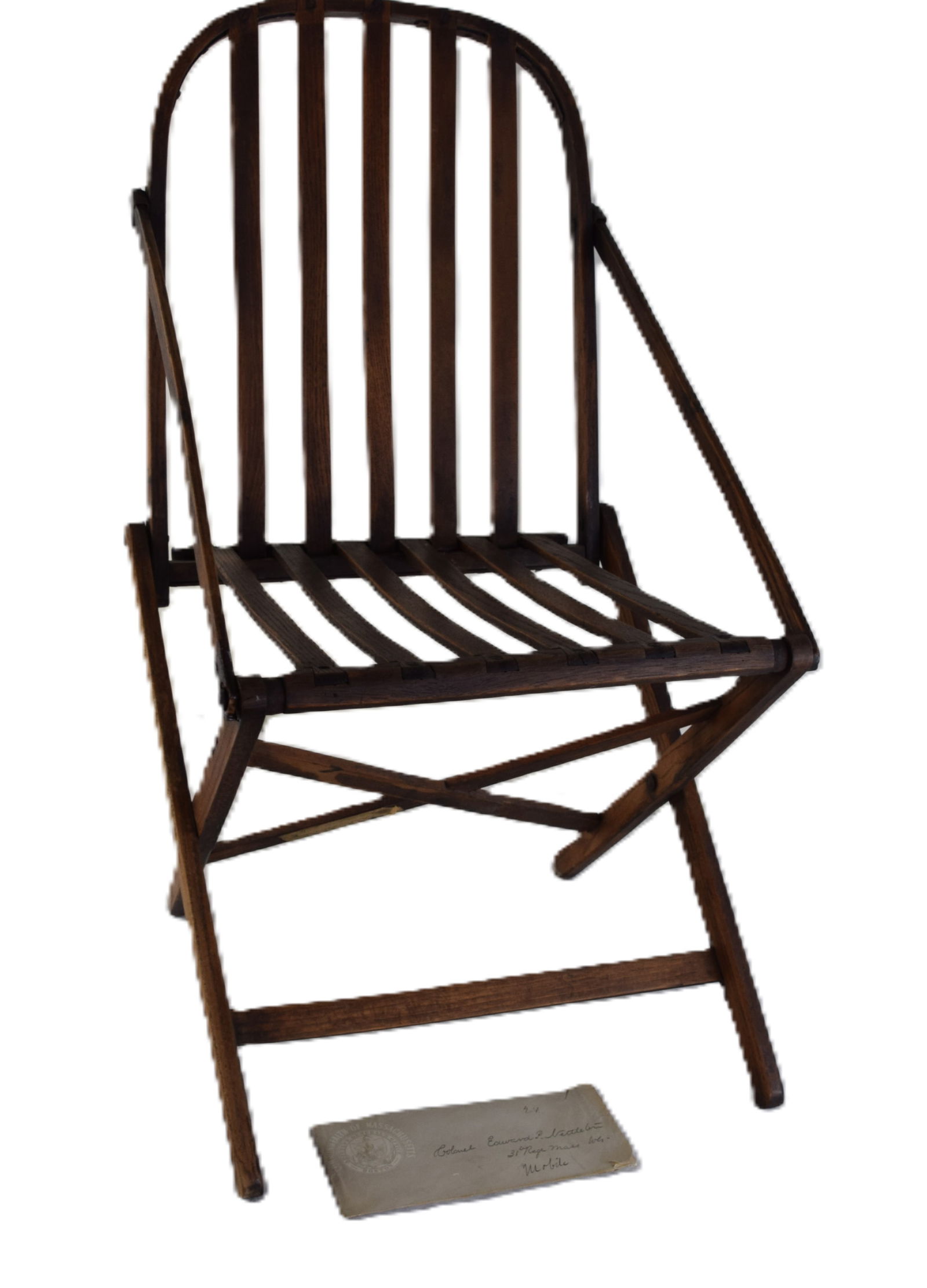 Civil War Campaign Chair Owned By Col Nettleton: Civil War folding campaign chair used by Colonel Edward P. Nettleton of the 31st Massachusetts Volunteer Regiment. Label on one of the cross pieces. Also included is a muster roll of Colonel