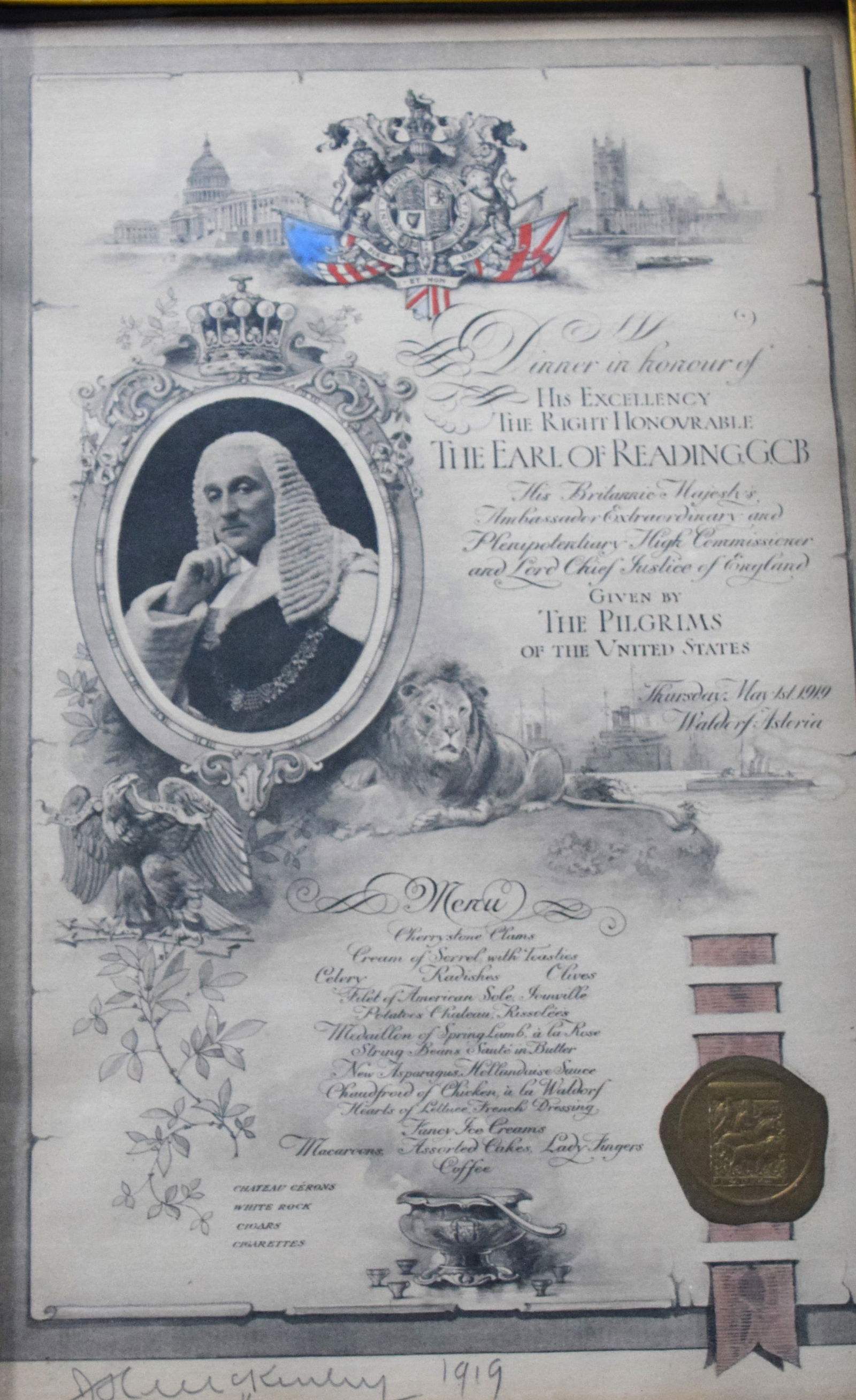 1919 Certificate Of the Earl Of Reading: Framed certificate of the Earll of Reading given by the Pilgrims Of The US on May 1, 1919 after WW 1. Includes dinner menu. Rufus Daniel Isaacs, 1st Marquess of Reading ( 1860 –1935), known as the