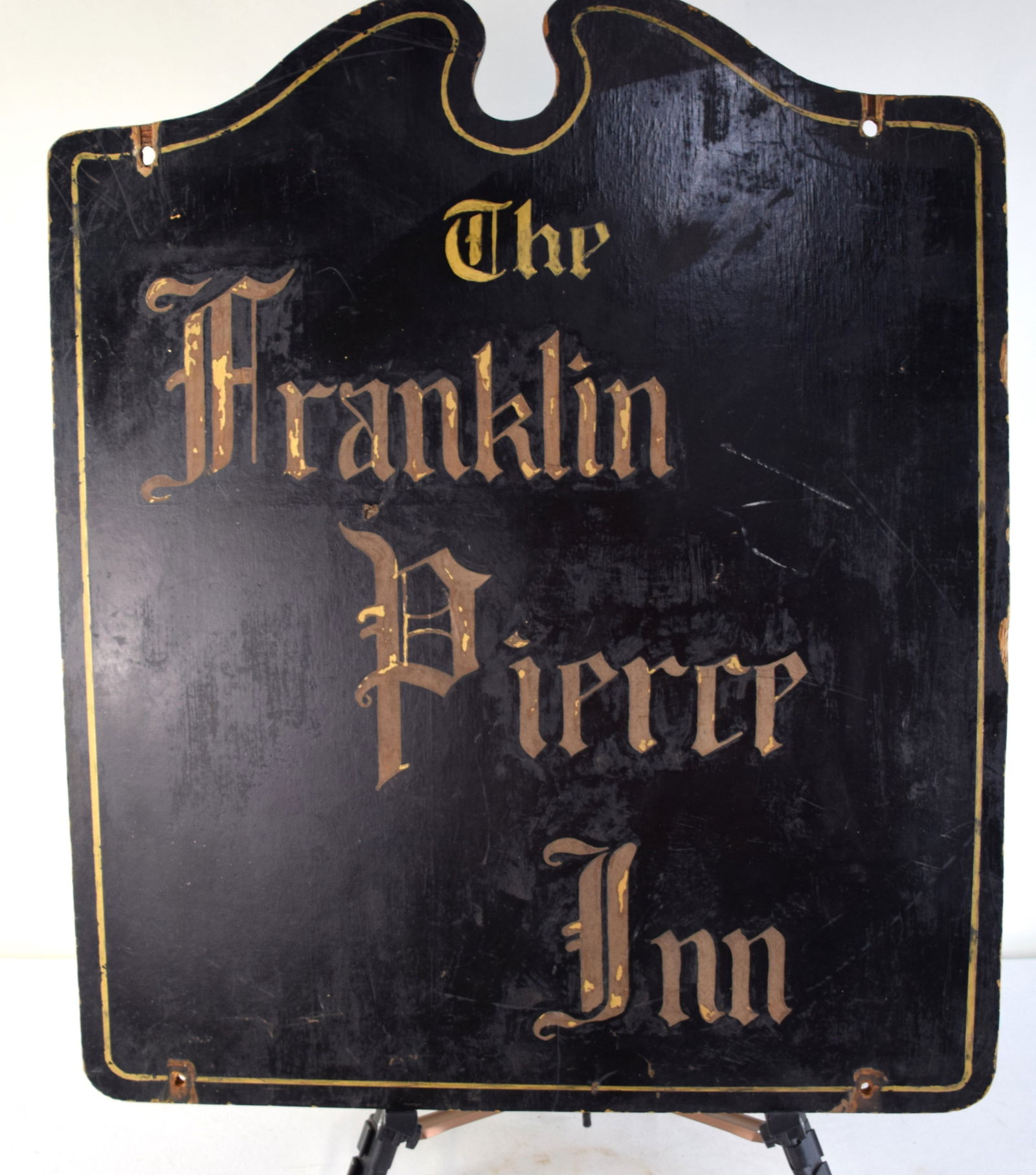 Tavern Sign: Carved wooden tavern sign "The Franklin Pierce Inn", double sided. The Franklin Pierce Inn was in Antrim NH. Dimensions: 34" H x 28" W