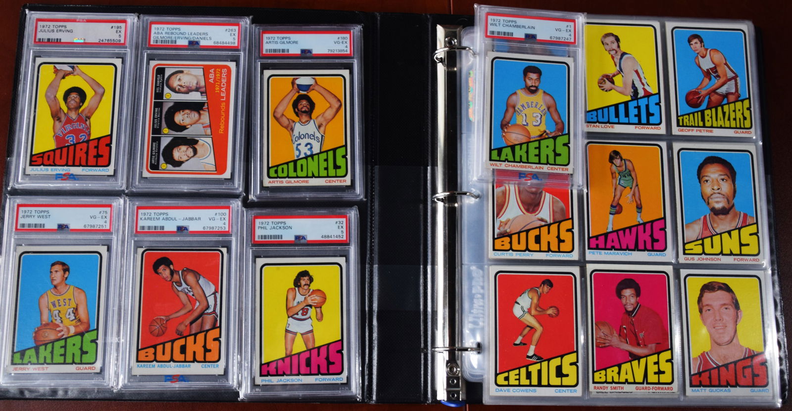 1972 Complete Basketball Card Set: A complete set of 1972 Topps Basketball cards including a graded Julius Erving rookie card (PSA grade 5) as well as graded Kareem Abdul Kabar, Wilt Chamberlain, Jery West, Phil Jackson, and Artis