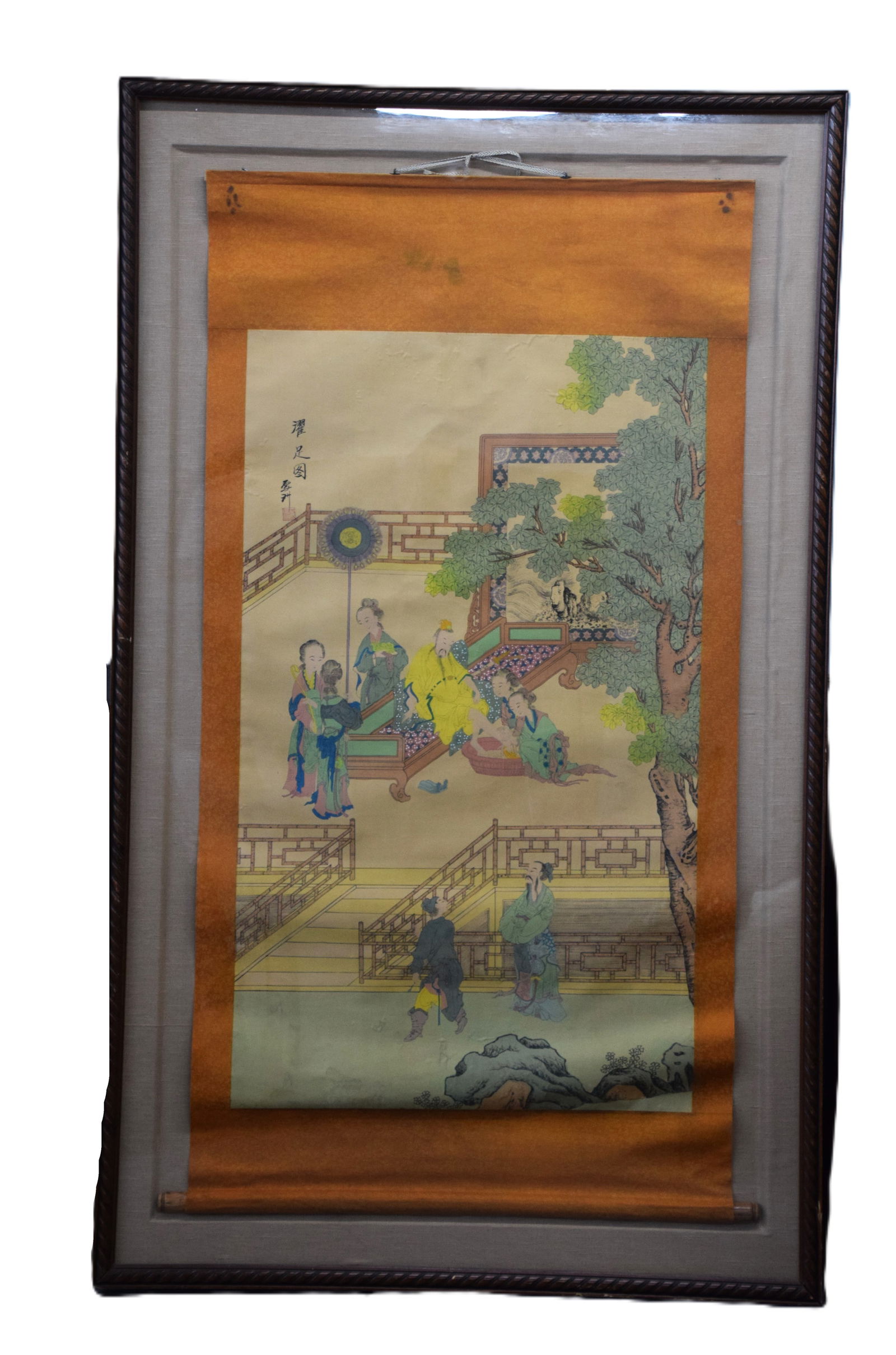 Large Japanese Scroll: Large framed Japanese scroll, signed upper left, of a village scene with eight people. Dimensions: 59" x 31"