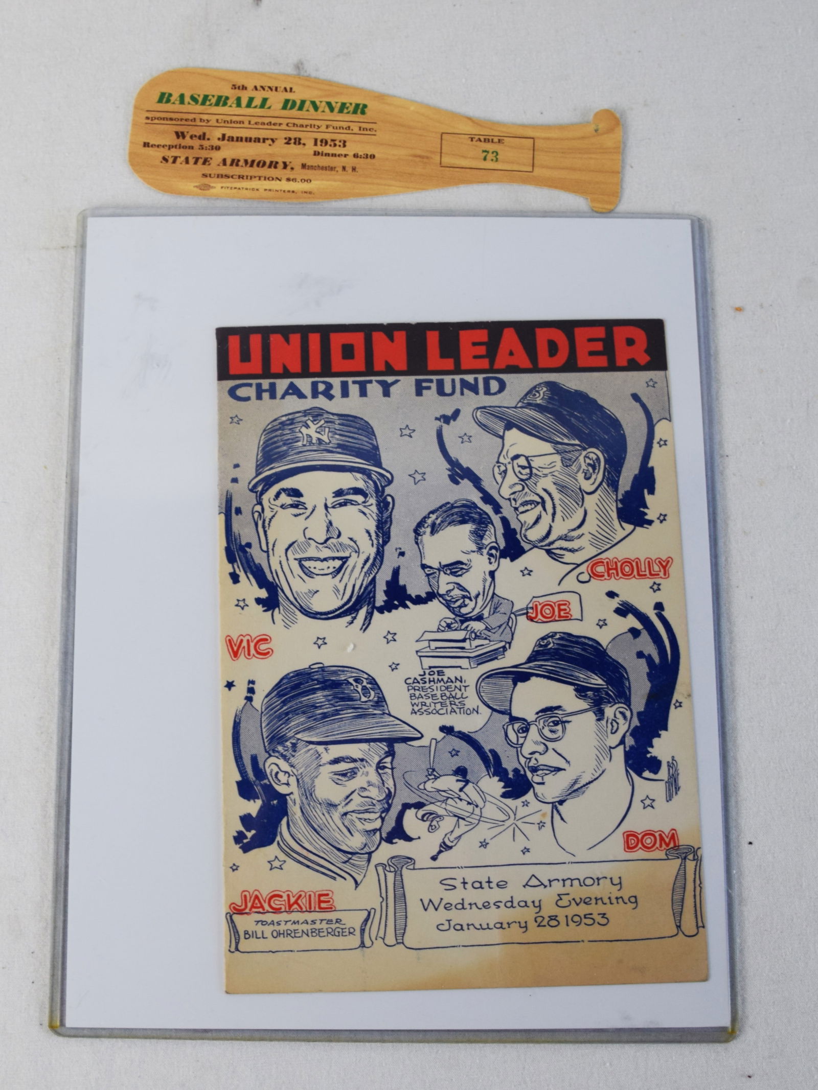 1953 Baseball ephemera: 1953 Charity fund dinner the Union Leader, Manchester depicting Jackie Robinson of the Dodgers, Dom Dimaggio of the Red Sox, Vic Raschi of the Yankees and Billy "Cholly" Consolo of the Red Sox.