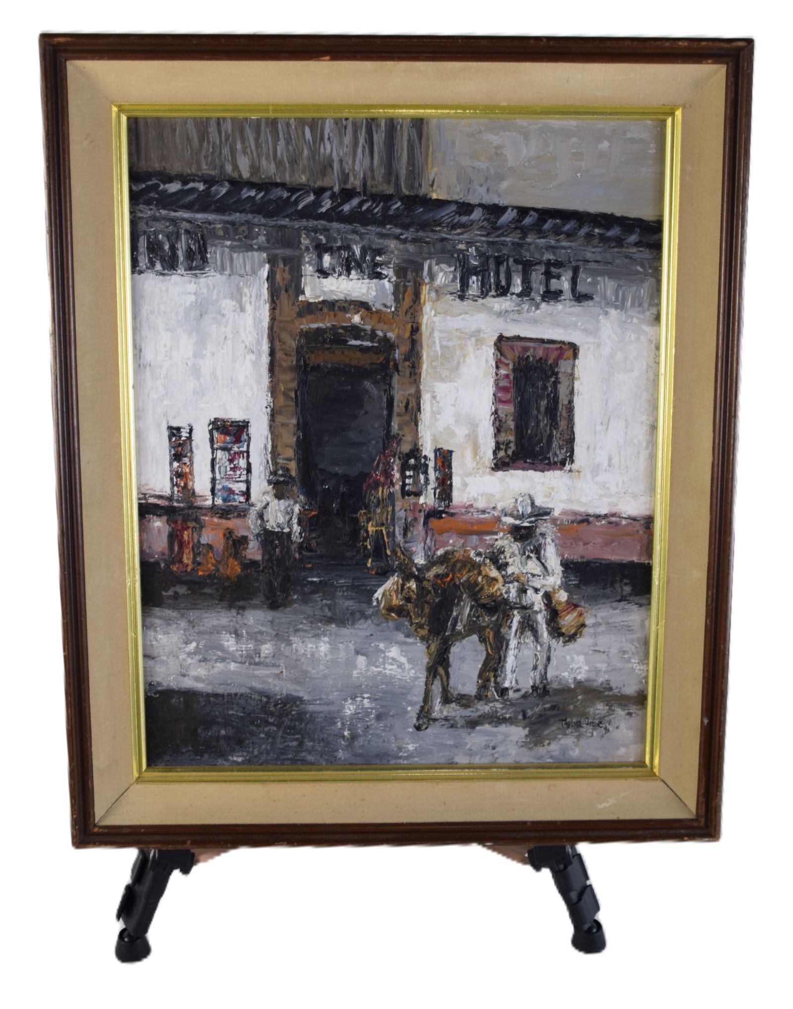Homer Costello Hotel Oil On Board: Framed Homer Costello oil on board of a hotel and signed lower right Thelma Ortiz. Dimensions: 19" x 15" Image size