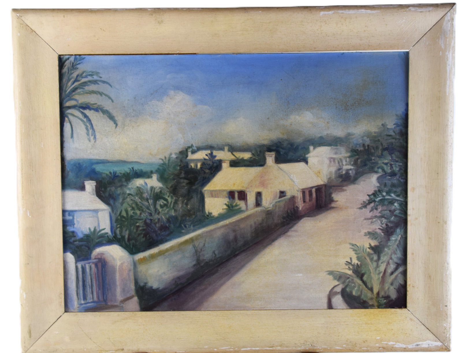 Bermuda Oil Painting: Framed oil on artist board of a Bermuda scene with five homesteads with palm tress and ocean in the background, circa 1939. On back is a damaged exhibition label. Dimensions: 18" x 23" Image size, 24"