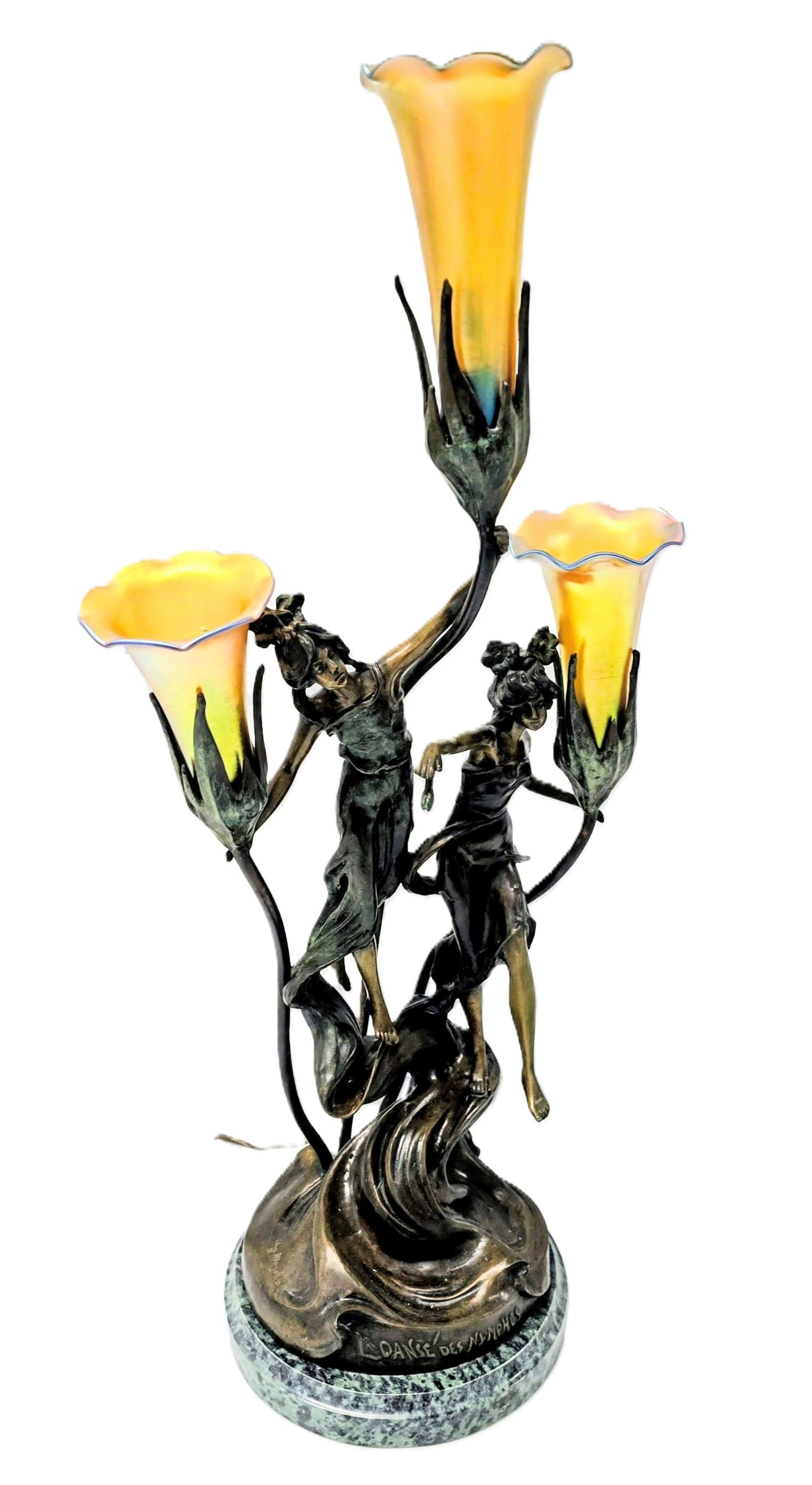 Rare Art Deco "La Danse De Nymphs" Bronze Lamp by Auguste Moreau & Tiffany & Co.: The "La Danse De Nymphs" Bronze Lamp by Auguste Moreau shows two nymphs dancing amongst the flowers. They twirl and float around their flowery kingdom with joy. Their gowns float behind them as they