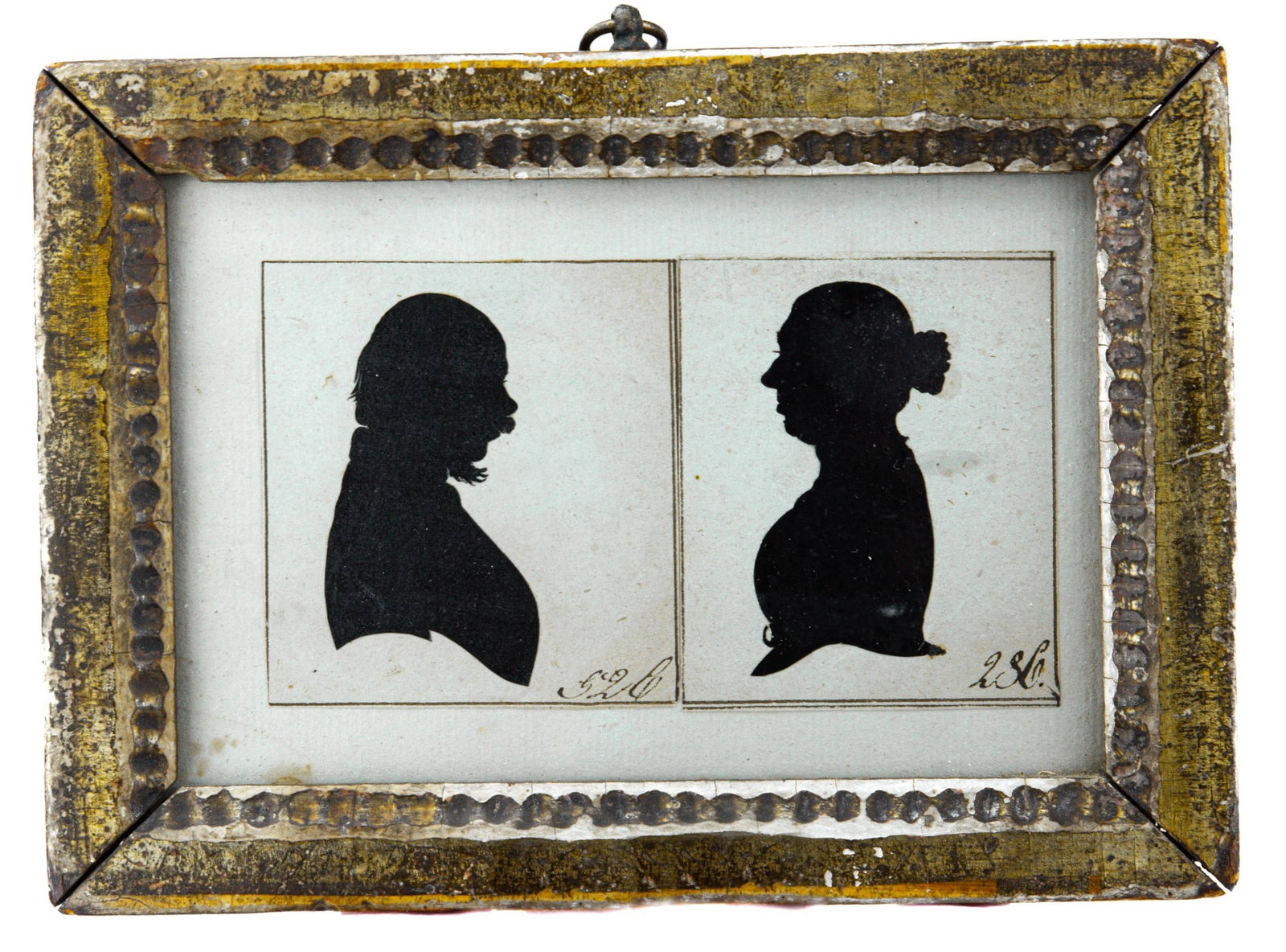 18th Century Silhouette Of A Man And Women: 18th Century 1/2 silhouette of a gentleman and a lady with initials lower right of image in a period frame. Dimensions: 5" x 7"