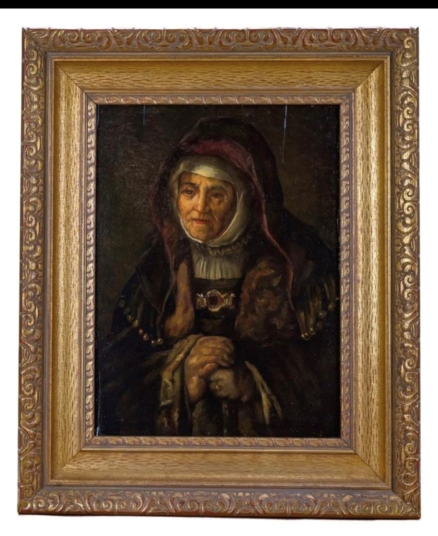 Extremely Rare circa late 17th Century Oil on Wood Panel Painting after; Rembrandt van Rijn (Dutch,: Extremely Rare late 17th Century Oil on Wood Panel Painting after Rembrandt Harmensz van Rijn (Dutch, 1606-1669) , titled "The Prophetess Anne", depicting a Portrait of the artist's mother. Unsigned