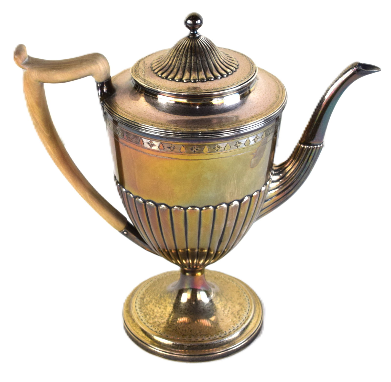 English Sterling Silver Coffee Pot: English Sterling silver tall coffee pot in reeded design with touchmarks including patent lion Approx. 27.5 Troy Oz. Dimensions: 11" H. Please note the weight is overall as the coffee pot has a
