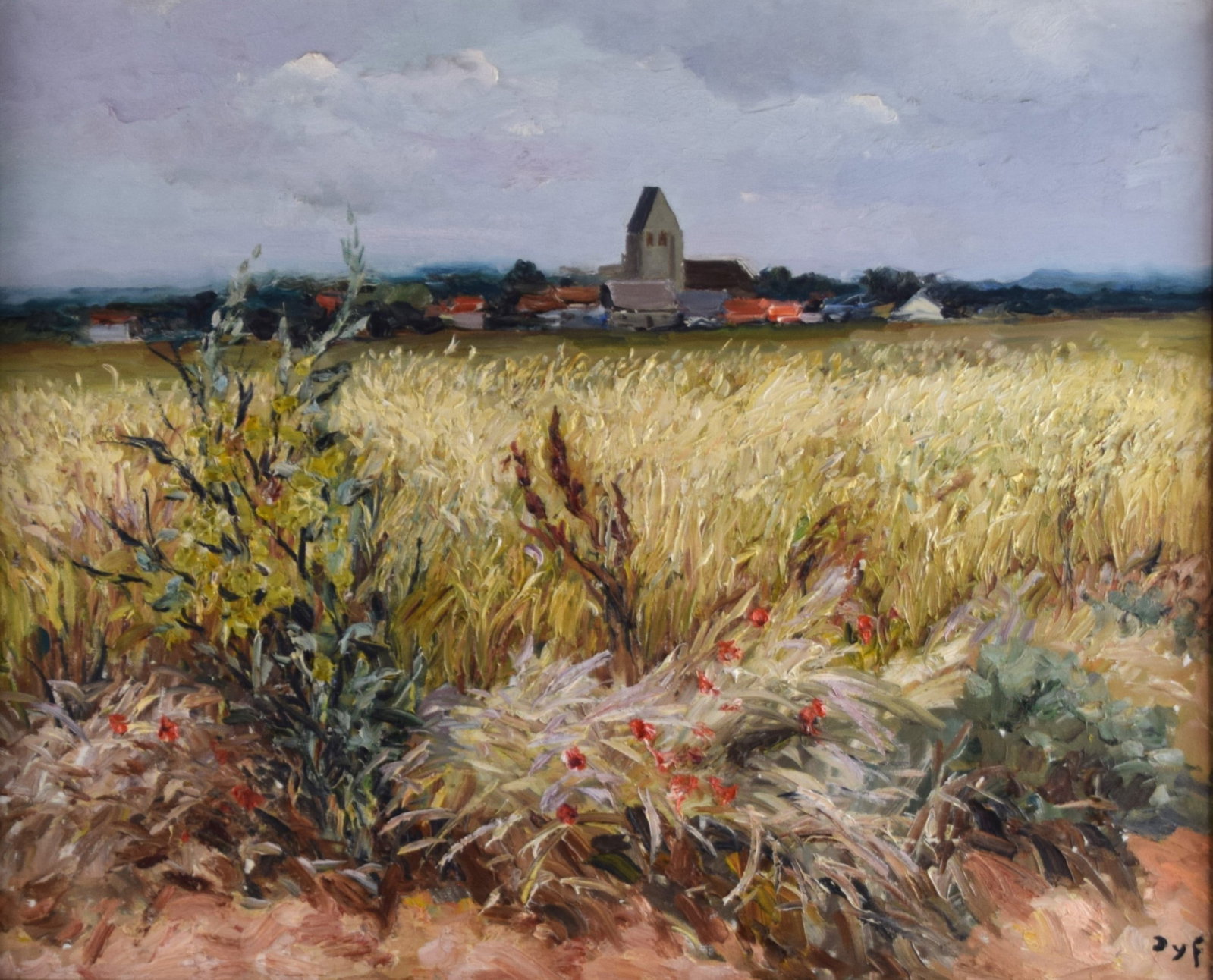 Dyf Wheat Field Bretagne Landscape Oil Painting: Framed oil on canvas landscape of a French town and fields by Marcel Dyf. Signed lower left. Marcel Dyf (1899 - 1985) worked in France and is known for landscapes, floral still life and seascape