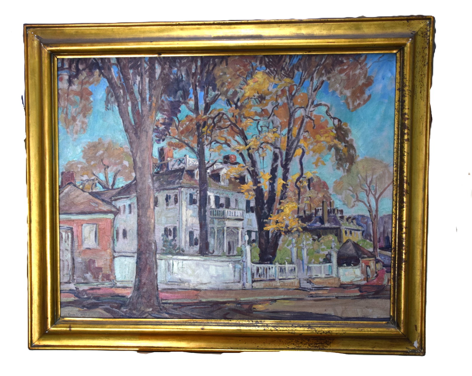 Russell Cheney Of The Langdon House, Portsmouth NH: Framed oil on canvas painting of the Langdon House in Strawberry Bank, Portsmouth NH. Siglower left. Russell Cheney (1881-1945) was a landscape painter who lived in Colorado Springs, and Kittery,