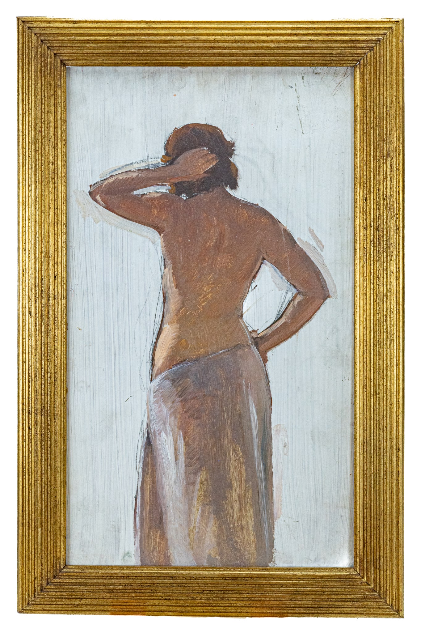 Gifford Beal Oil On Masonite Painting Of A Partially Nude Women: "Unsigned" Oil Painting on Masonite showing a Partially Nude Woman in Towel just out of the Bath, gallery framed in gilt gold . Accompanied by a letter stating the work came from the Beal estate