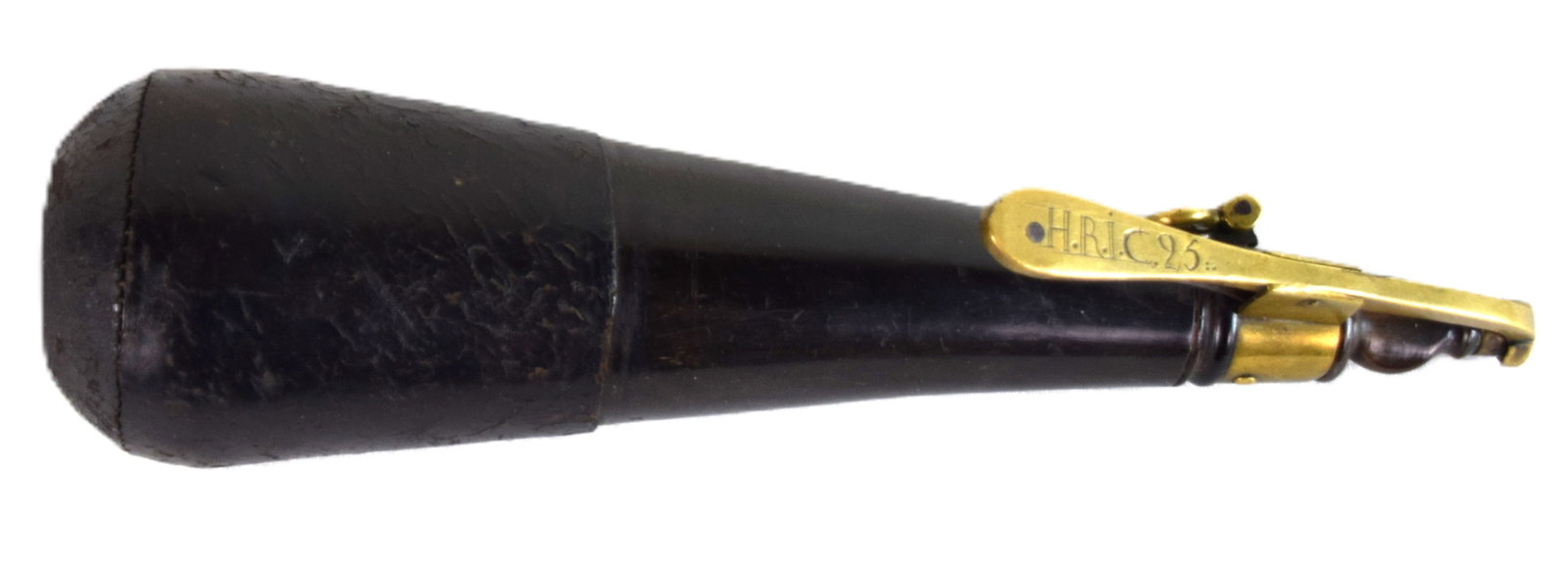 Scarce 18th Century Regimental Marked British Officers Leather, Horn & Brass Powder Flask ? (1 of 4)