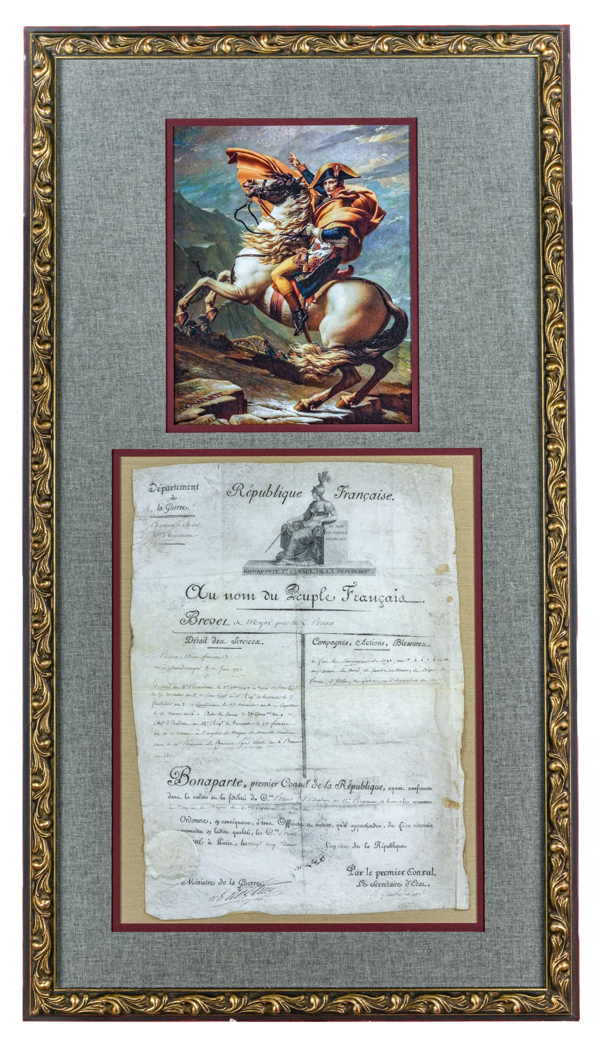 Napoleon Bonaparte Document And Autograph: Framed state document signed by Napoleon Bonaparte for a Brevet Major C. Bruno giving his service record and battle campaigns he fought in. Bonaparte signature on lower center of letter. Signed also b