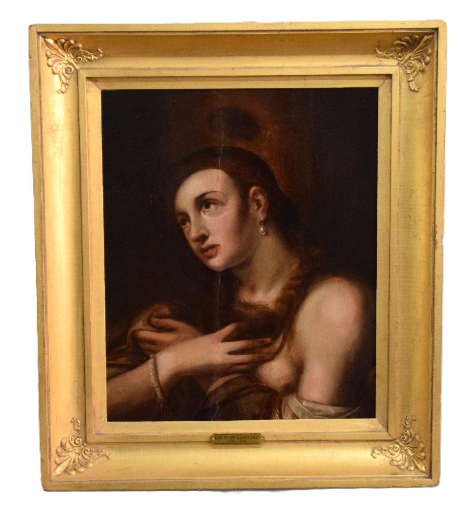 Portrait Of Mary Magdalene By Geldorp Gortzius: Oil portrait on oak panel of Penitent Mary Magdalene, semi-nude with pearl earing and bracelet. Label attributed to Gortzius on frame. Geldorp Gortzius (1553-1618/9) was a Flemish Renaissance artist