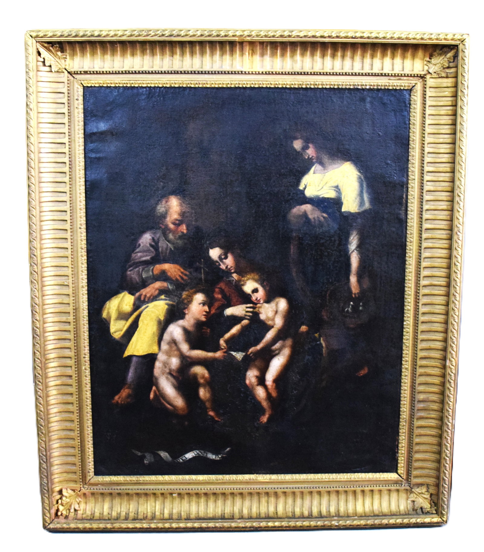 Old Master Painting Of The Holy Family: Nicely framed Old Master painting portraying Mary (Mother), Joseph (Earthly Father), the infant Jesus, and the young John the Baptist, along with probably Saint Elizabeth. Circa16th or 17th Century,
