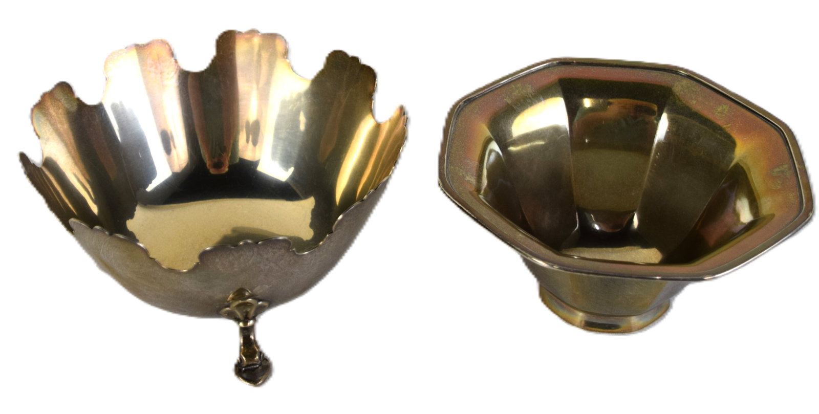 Two Tiffany Sterling Bowls: Two Tiffany and Company Sterling silver bowls, one with a shaped top and footed and the other a plain design. Approx. 18.5 Troy Oz. Dimensions: 3" H x 6" and 6.5" Dia.