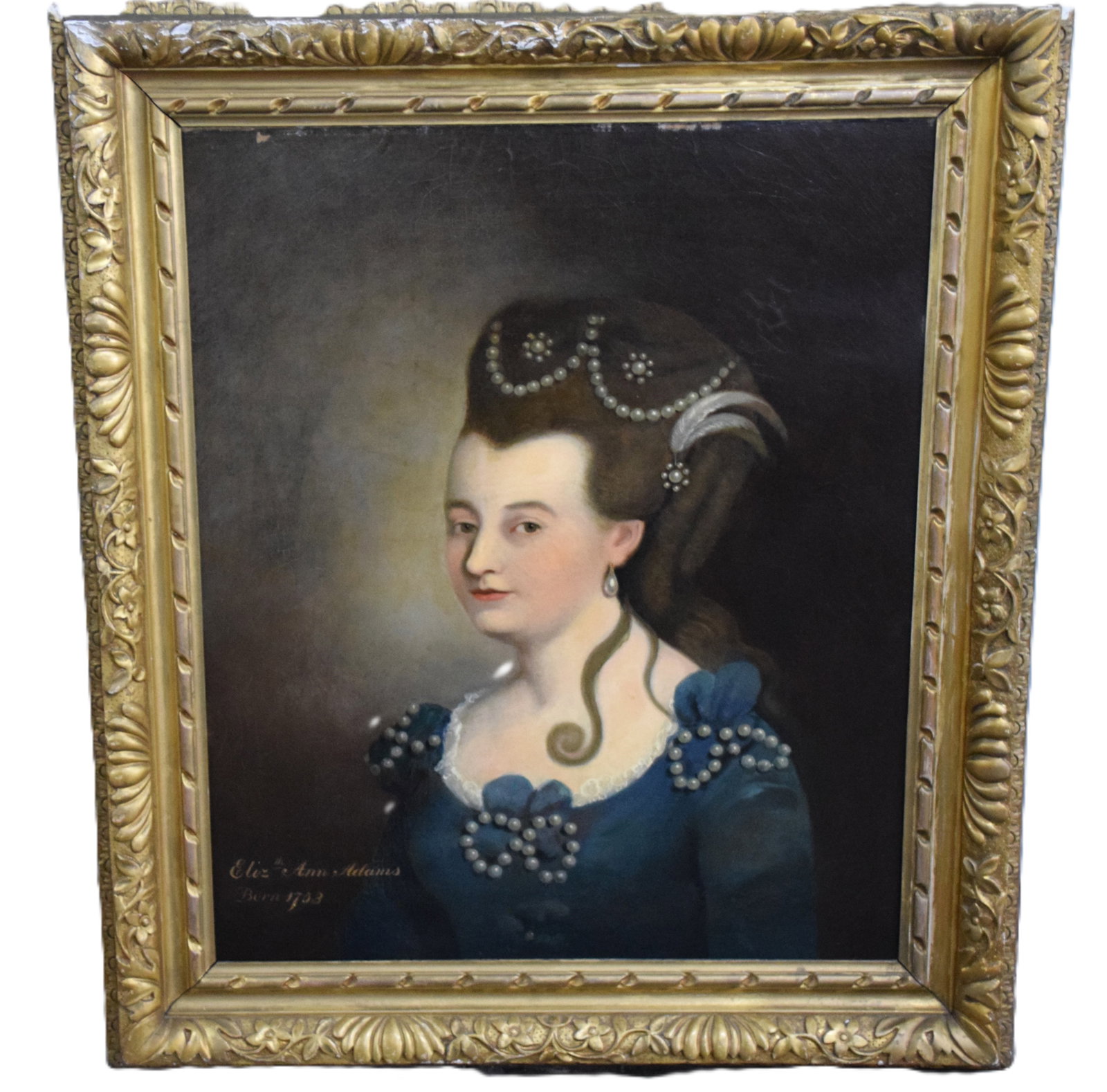 Oil Portrait O Elizabeth Anne Adams, circa 1730s: This particularly sensitive and elegant portrait of Elizabeth Anne Adams (Born 1703) was executed circa 1730s. Elizabeth is wearing a blue dress adorned with pearls, along with pearls and a feather