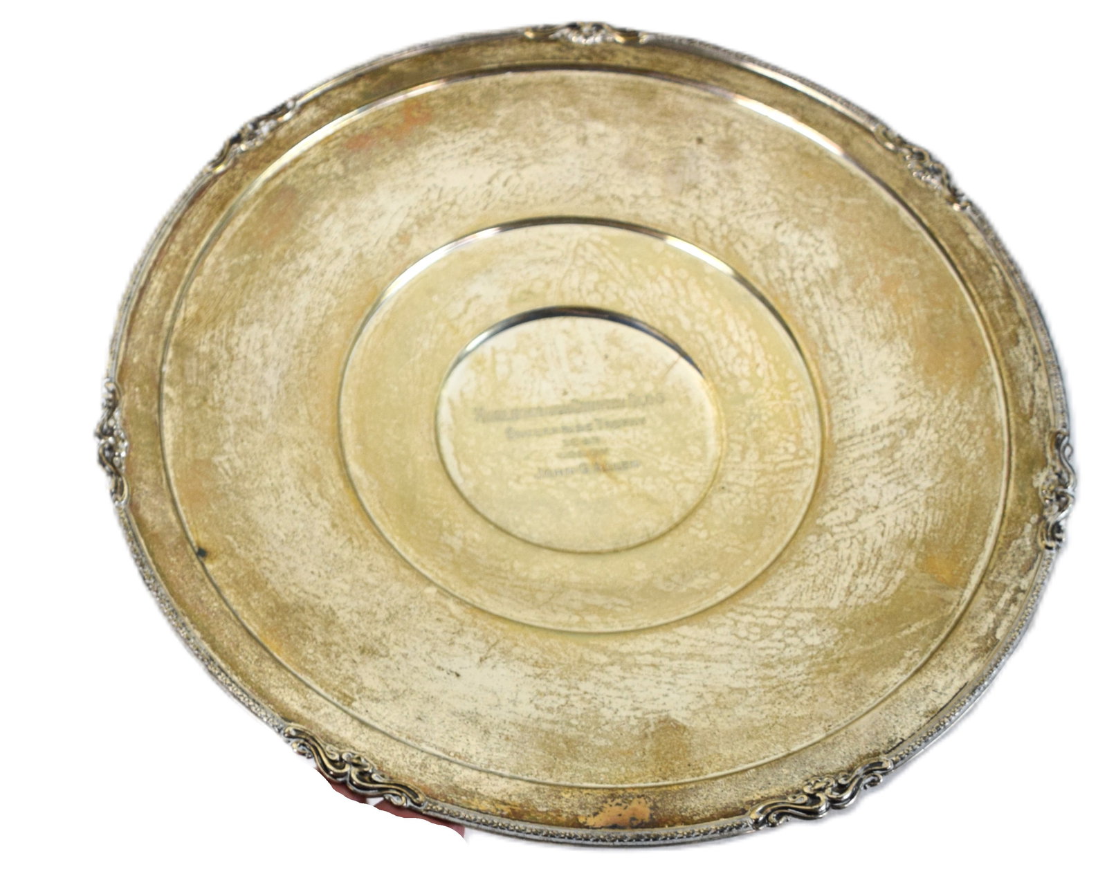Sterling Silver Golf Presentation Circular Tray: Sterling silver golf presentation circular tray marked " Marlborough Country Club Enterprise Trophy 1943 won by John G. Allen" Approximately 16.2 Troy Oz. Dimensions: 12" Dia